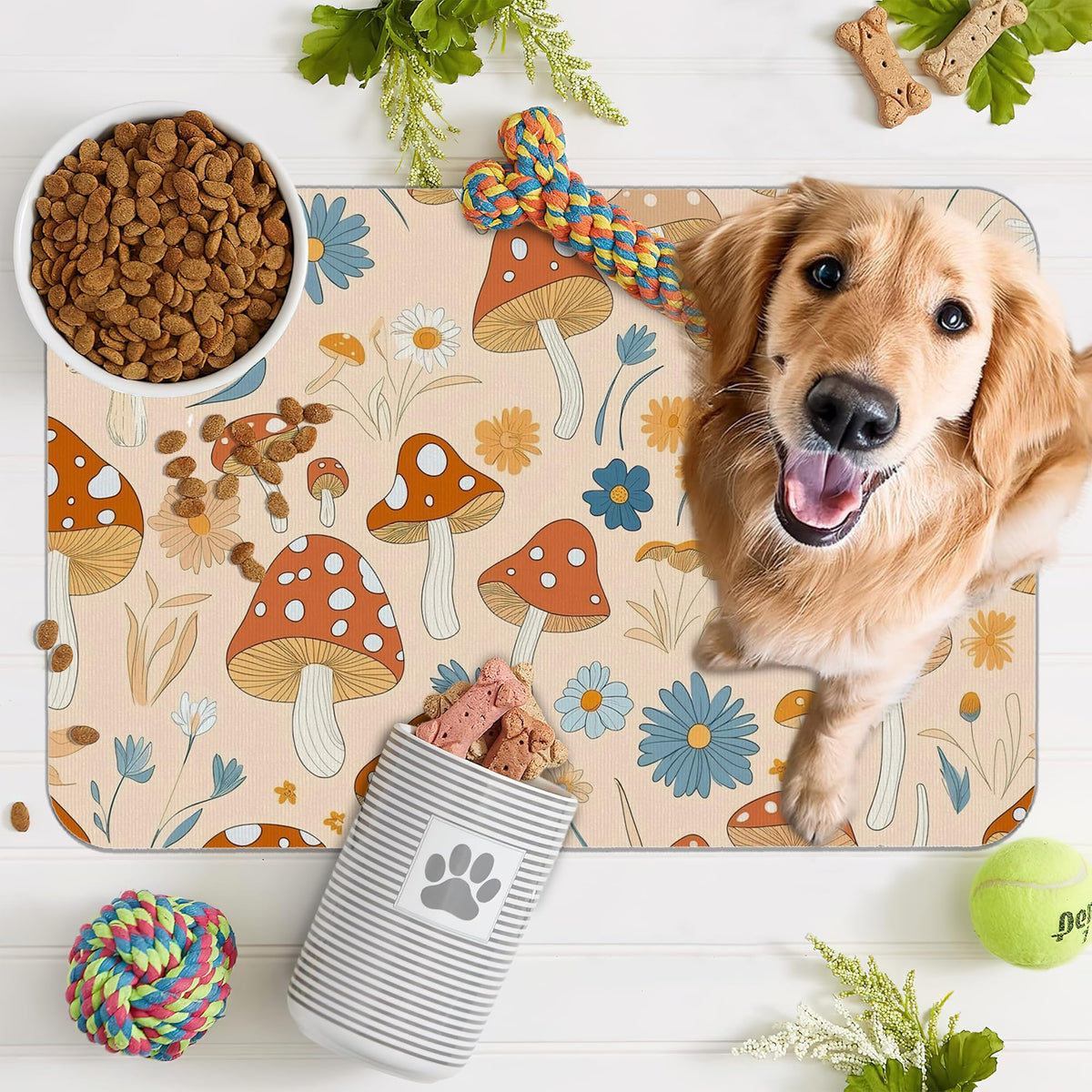 Cute Mushroom Flower Dog Cat Food Mat (12"L x 20"W / Cute Mushroom Flower)
