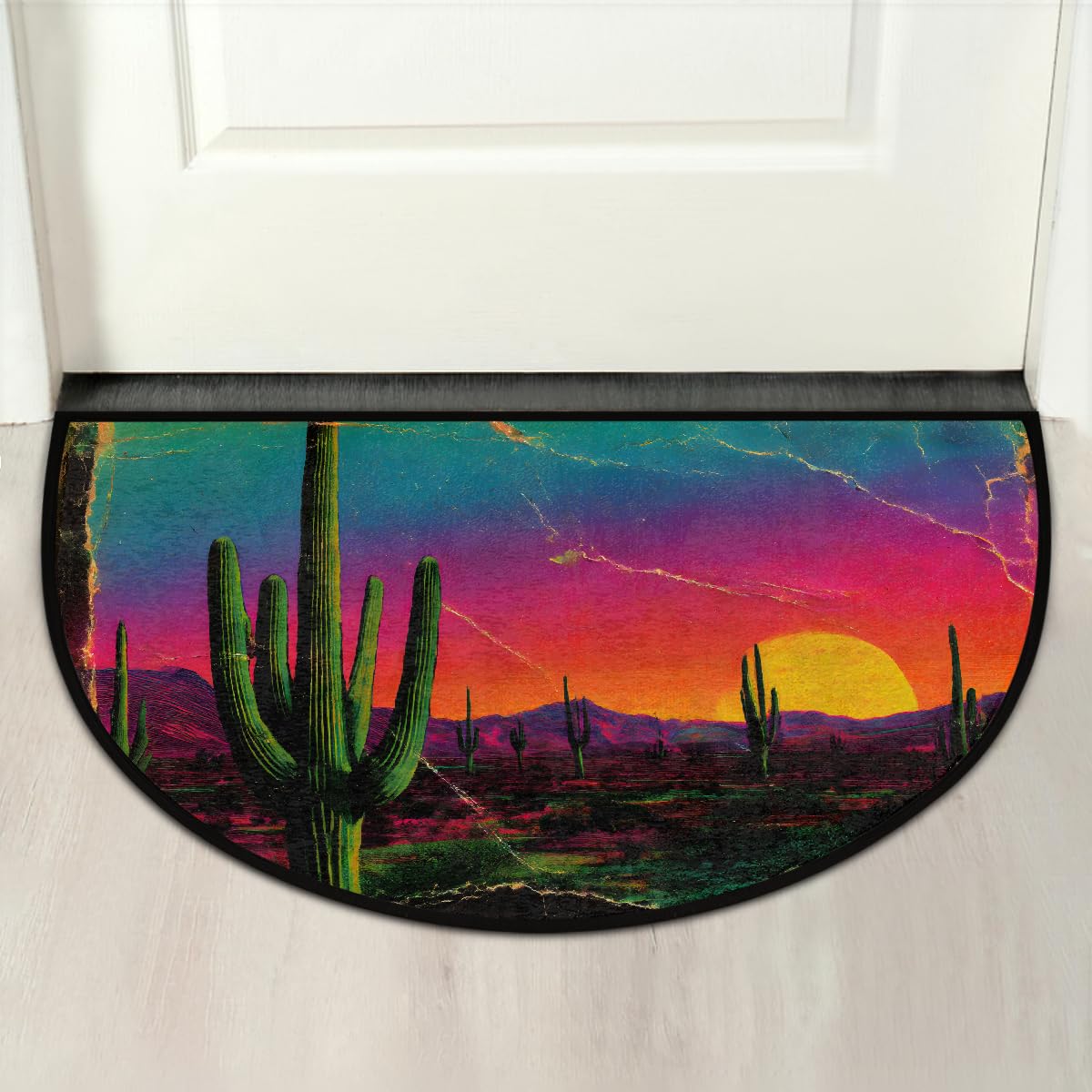Sunset Cactus Mountain Half Round Door Mat Non Slip Washable Semi Circle Area Rug Absorbent Soft Half Moon Rug Floor Mat for Indoor Outdoor Kitchen Bathroom Patio Front Door Mat Decor (Z12)