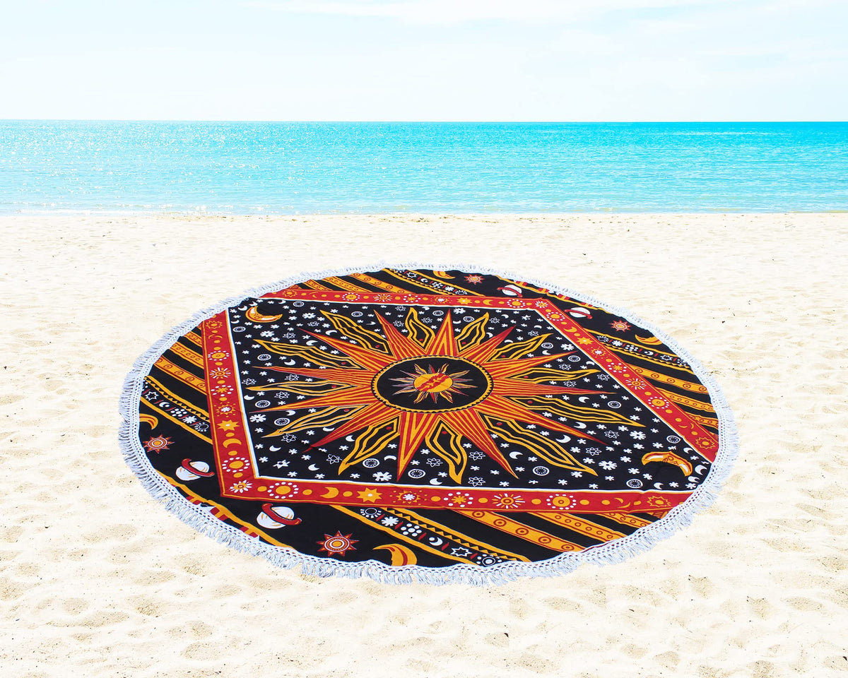 Round Beach Tapestry Turquoise Mandala Throw (5'10" (Round) / Yellow)