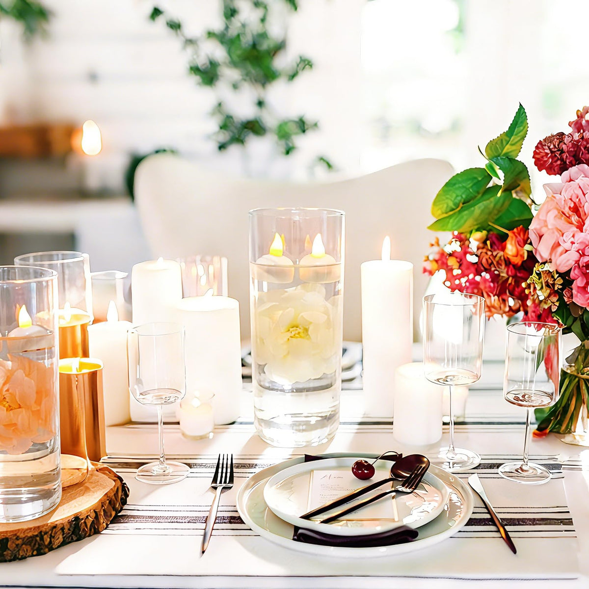 24 Pack Flameless Floating Candles for Centerpieces with Floating Flower (White)