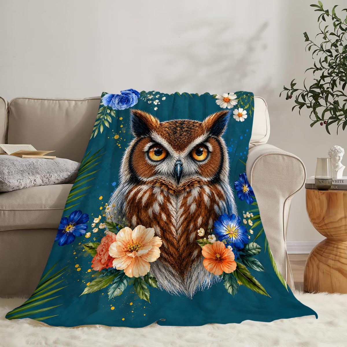 Owl Blanket Floral Bird Nature Lovers Gifts Throw Blanket 60"X80" (60"x80" / Owl-4)