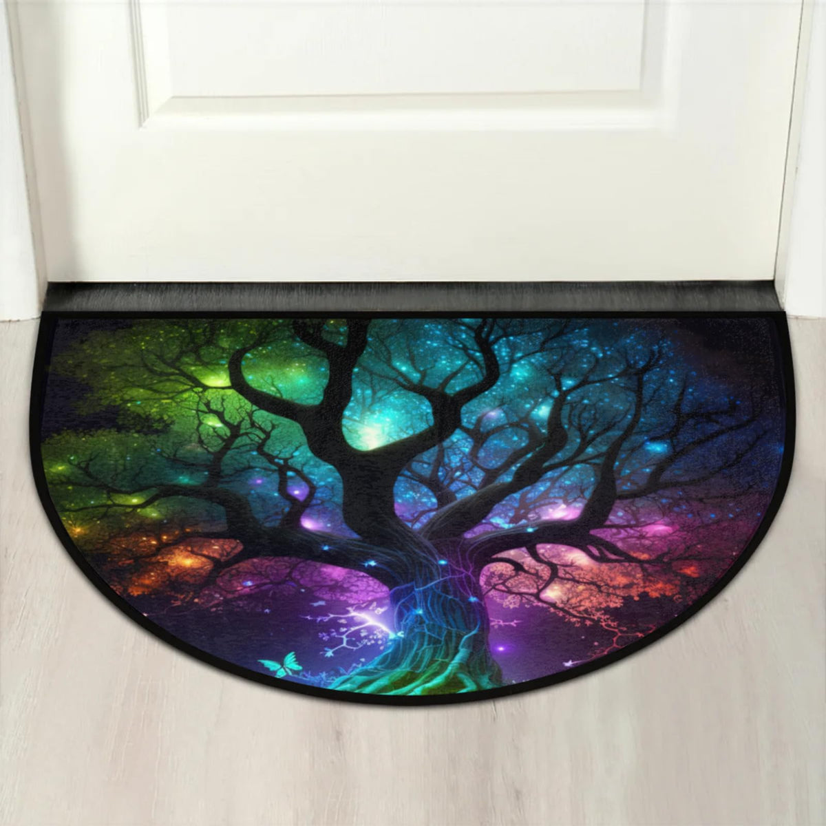 Half Round Doormat Tree of Life Butterfly Non Slip Half Circle Area Rugs Indoor Washable Half Moon Rug Semi Circle Bathroom Runner Mat Entrance Floor Carpet for Kithen Bedroom Fireplace Decor (B 03)