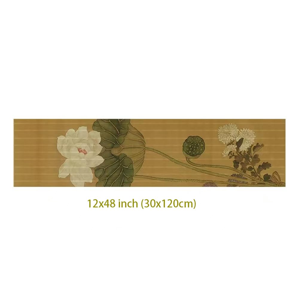 Asian Style Bamboo Table Runner (White Lotus Chrysanthemum / 12x48 Inch)