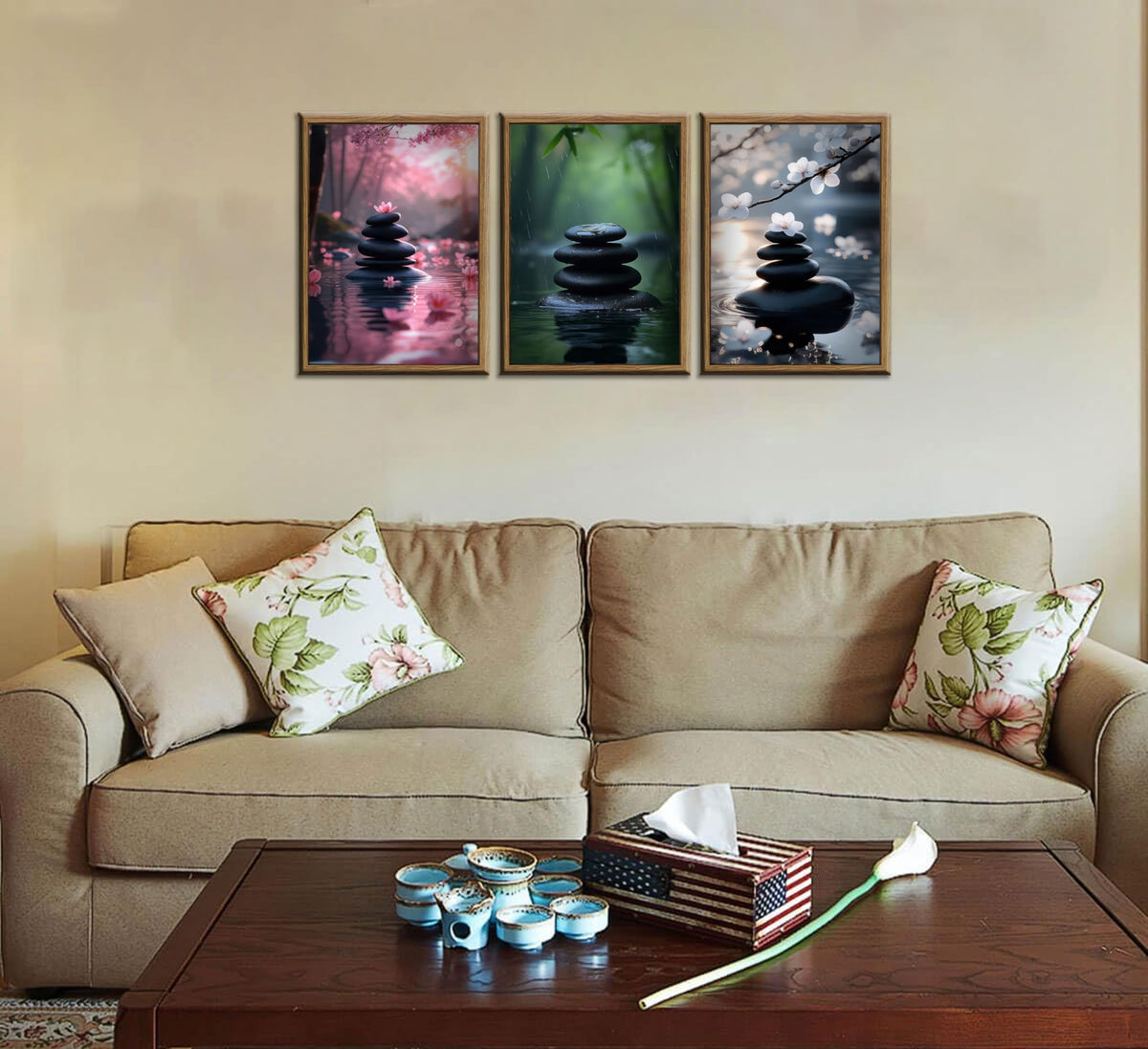 3pcs Zen Stone Wall Art Modern Zen Bathroom Wall Decor Meditation Spa Stone Poster Green Bamboo Lotus Printed Artwork for Yoga Meditation Spiritual Room Bathroom Framed (Zen Stone / 24"Lx16"W)