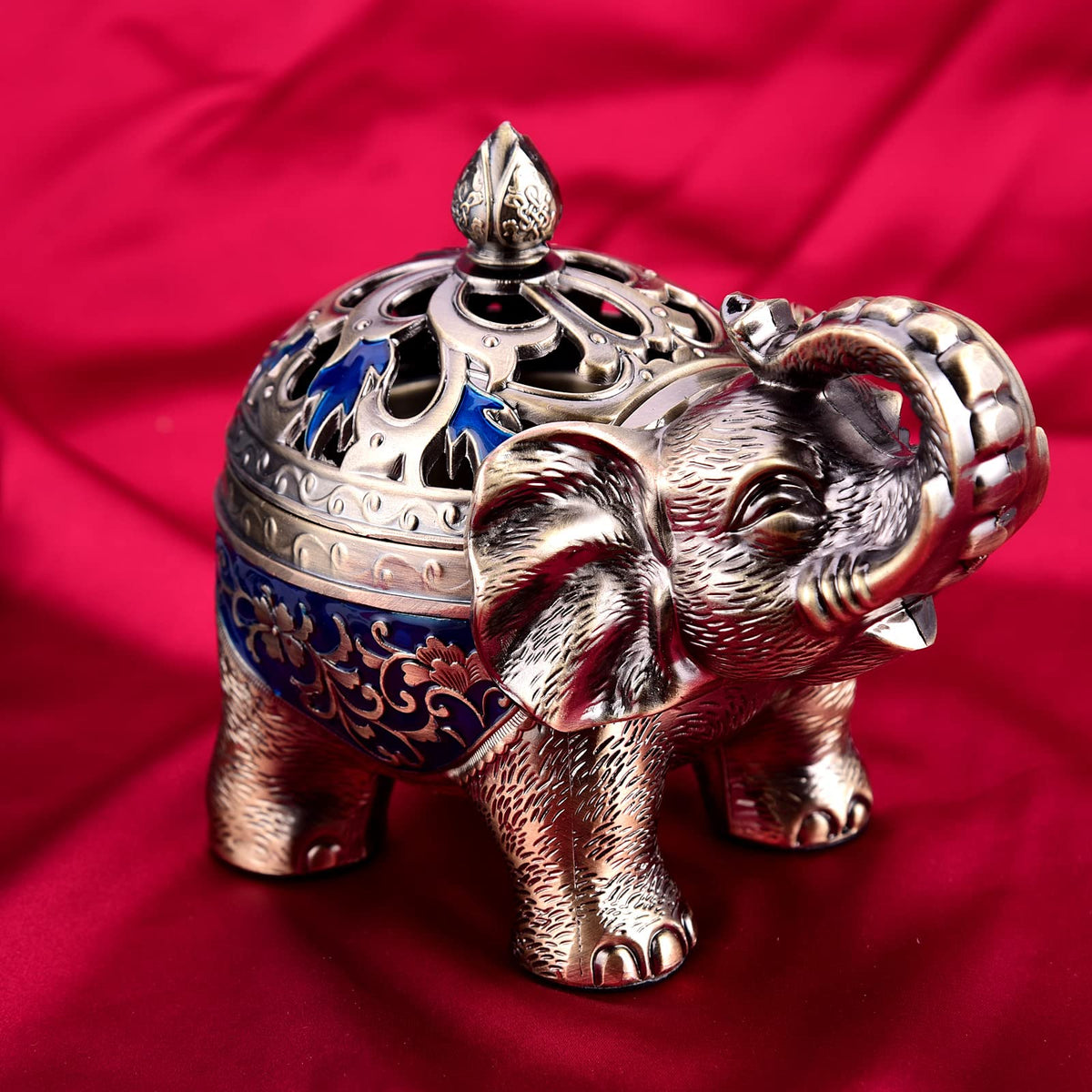 Metal Backflow Incense Holder Elephant Cone Incense Burner Candle Holder with Lid (Navy Blue)