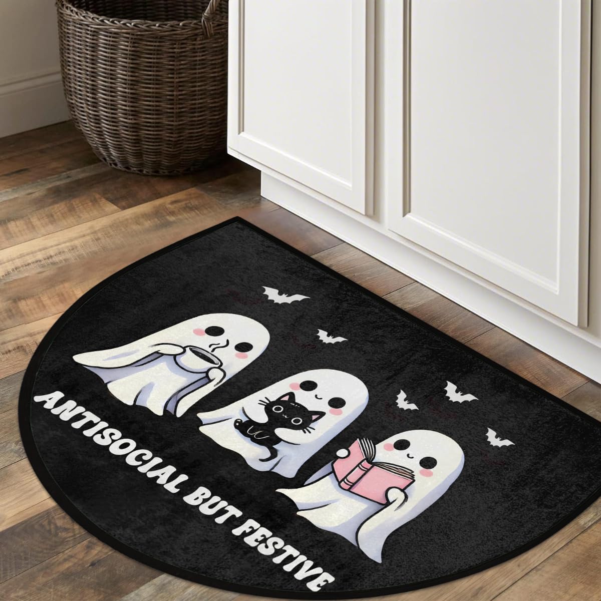Halloween Half Round Doormat Halloween Cute Ghosts Semi Circle Rug Non Slip Outdoor Entrance Half Moon Rug Washable Front Floor Mat for Indoor Kitchen Bathroom Patio Fireplace Holiday Decor (Z:halloween)