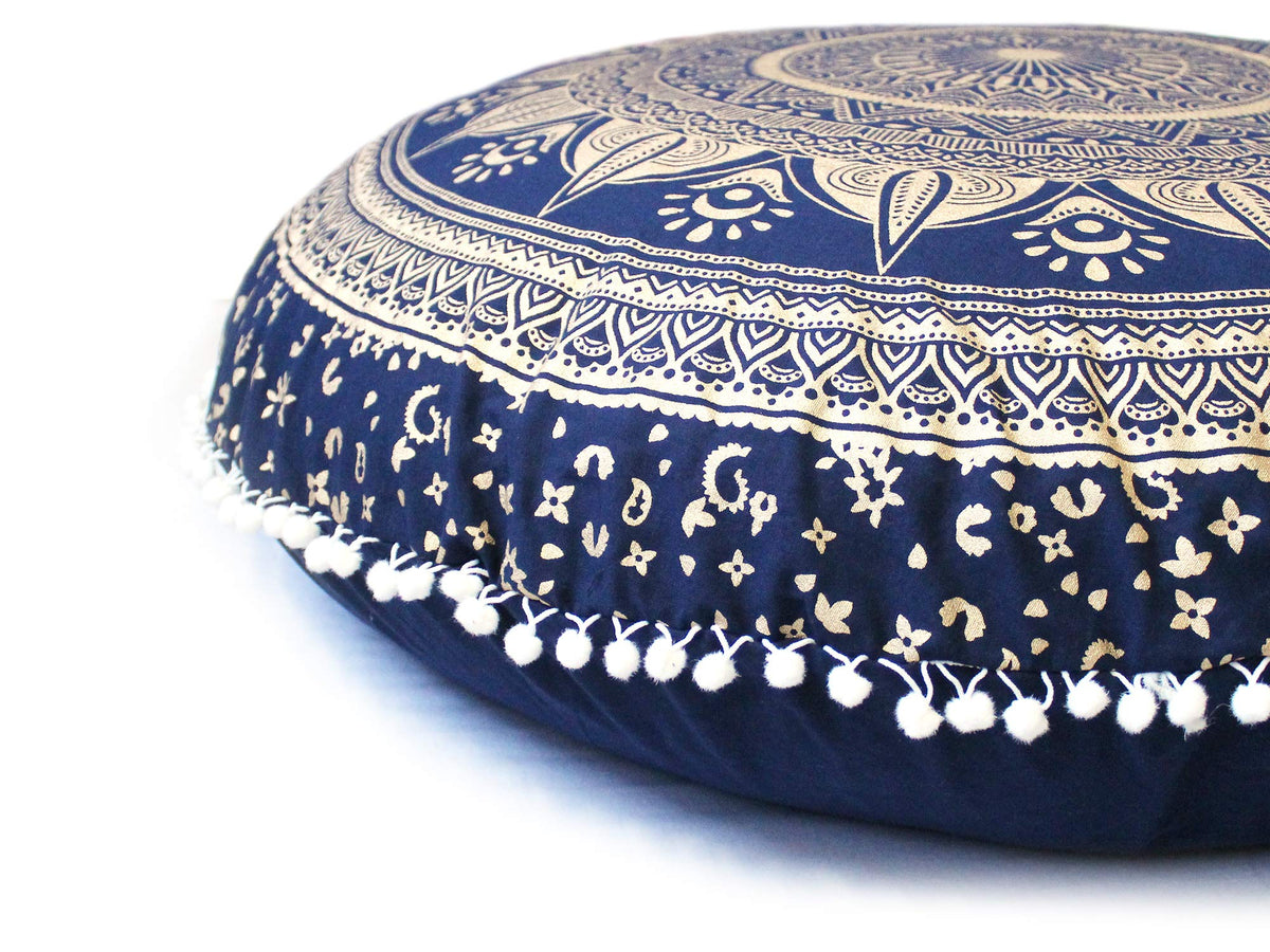 32 Inch Meditation Floor Pillow Cover Round Pillow Seating Hippie Decorative Adults Bohemian Mandala Cushion Cover Outdoor Living Room Throw Ottoman Poufs Cover (Blue Gold Trishul)