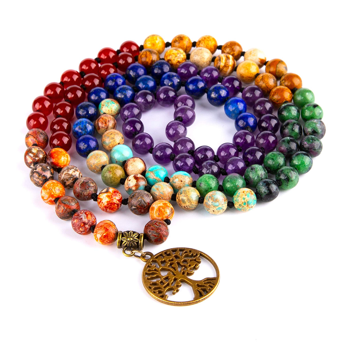 7 Chakra 108 Mala Beads Bracelet Real Gemstone Yoga Meditation Hand Knotted Mala Prayer Bead Necklace (8mm / # Life Tree - 7 Chakras)
