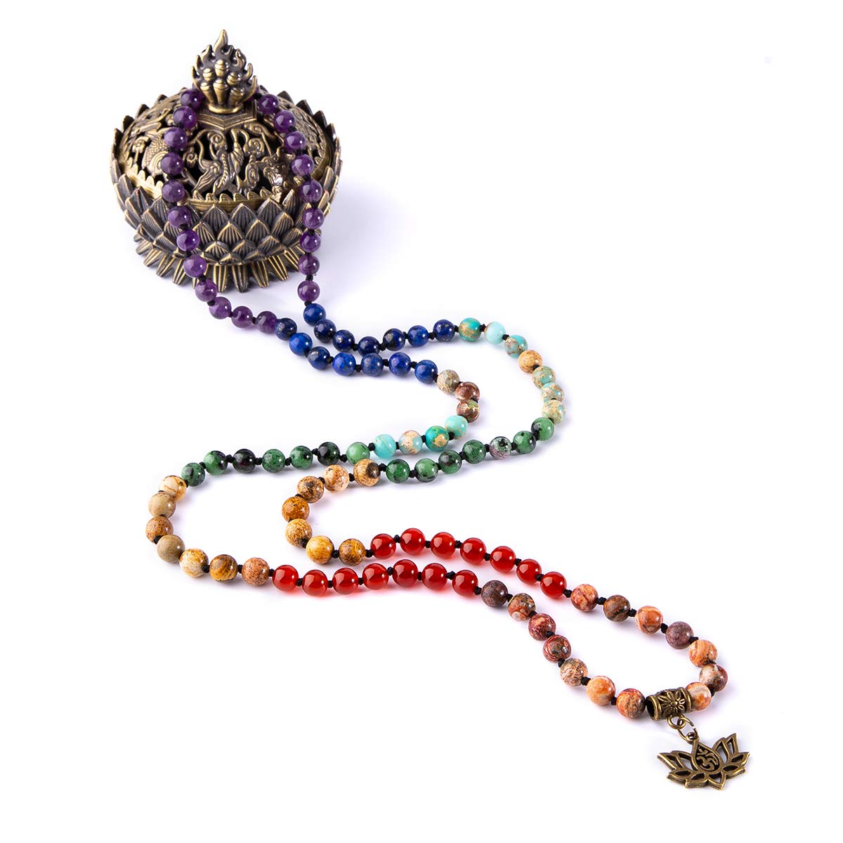 7 Chakra 108 Mala Beads Bracelet Real Gemstone Yoga Meditation Hand Knotted Mala Prayer Bead Necklace (6mm / # Lotus OM - 7 Chakras)