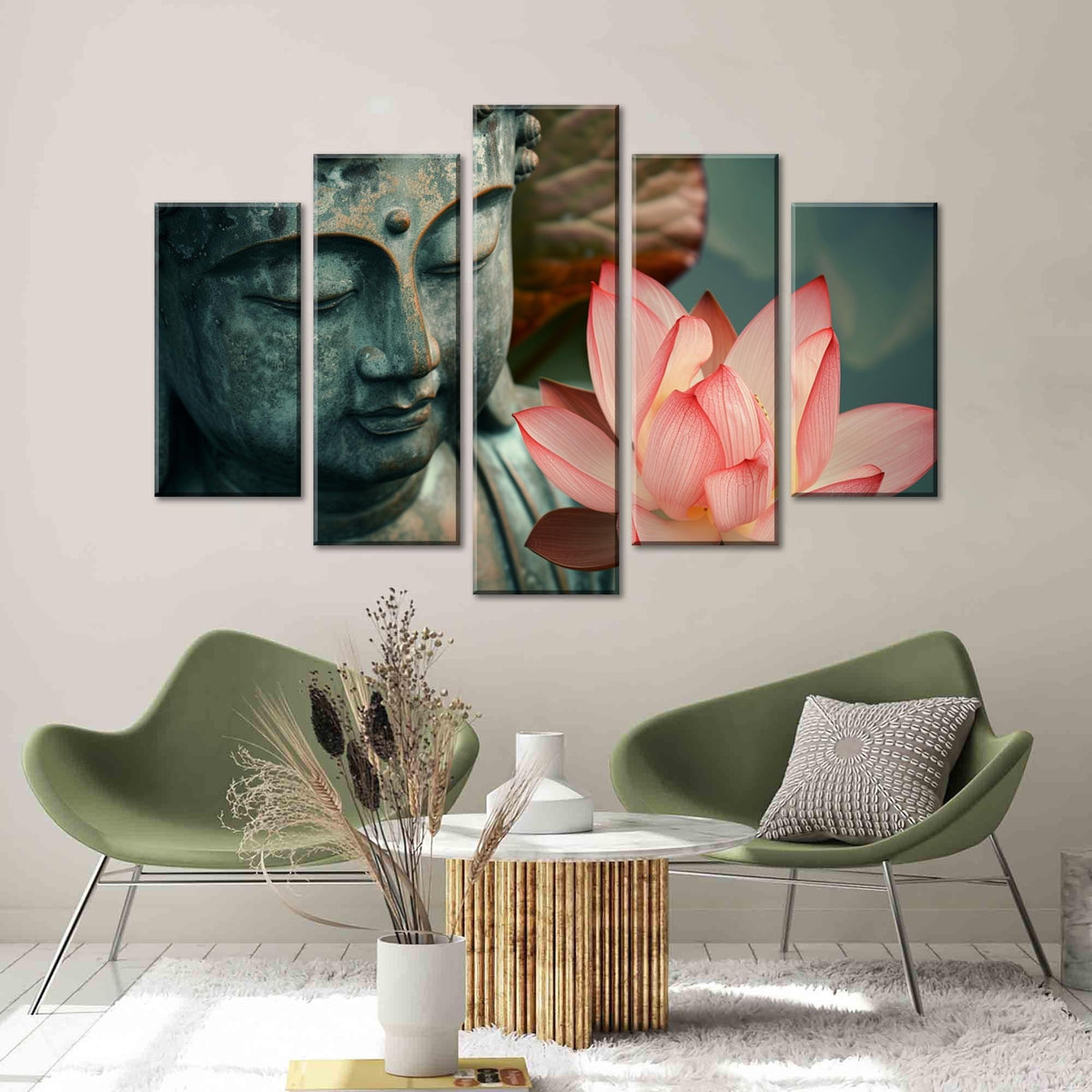 5Pcs Zen Buddha Lotus Flower Canvas Wall Art Spiritual Decor for Meditation Peaceful Home Decor Asian Cultural Symbolism Tranquil Art for Living Room Bedroom Office Ready to Hang (12"L x 24"W, 12"L x 32"W, 12"L x 40"W / 5PCS-Buddha)