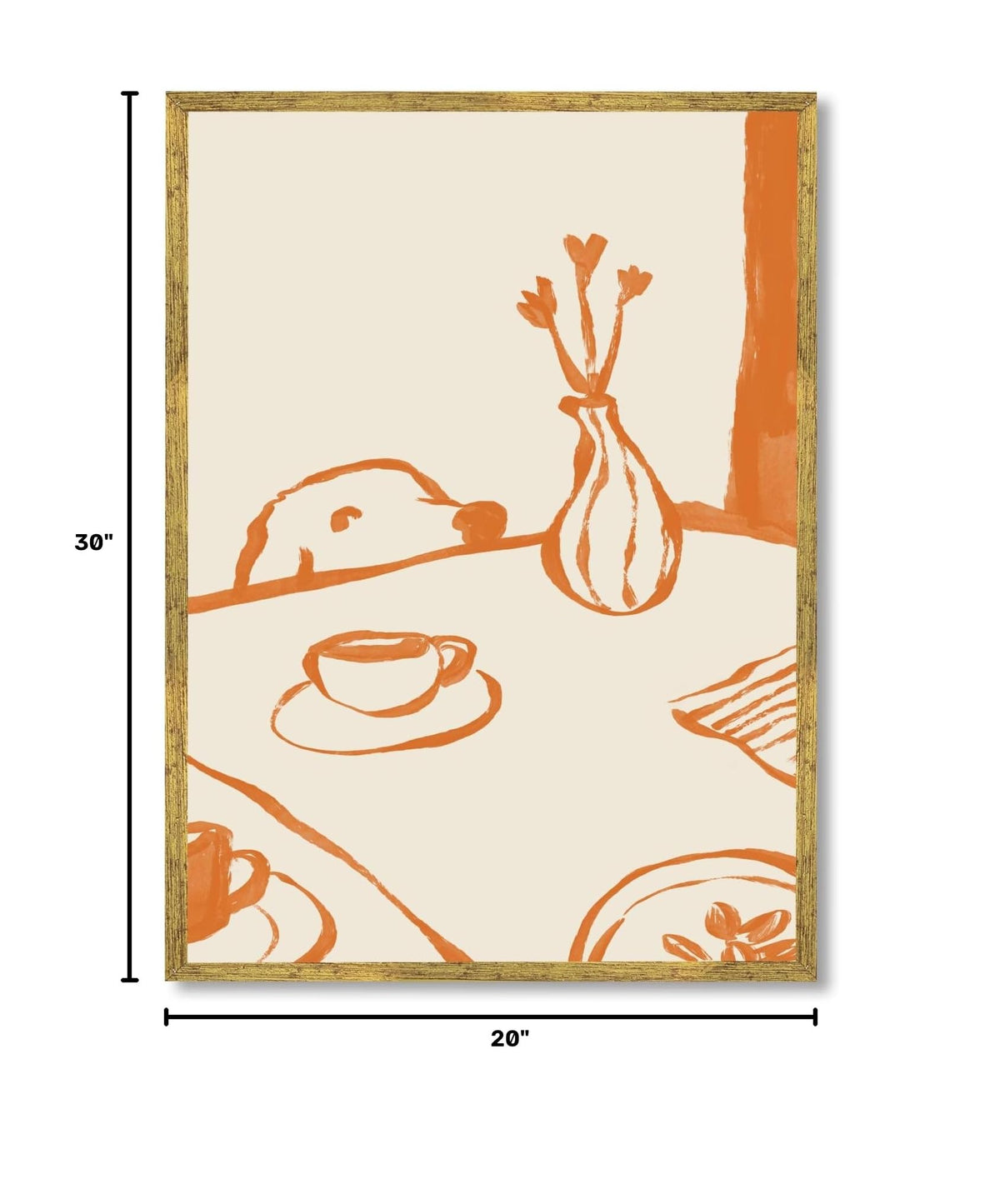 Gold Framed Sneaky Dog Breakfast Wall Art Abstract Funny Scandi Diner Canvas Posters Minimalist Orange Painting Prints Animal Sketch Pictures Artwork for Kitchen Nursery Coffee Bar Decor 20x30inch (20"L x 30"W / Dog - Gold Frame)
