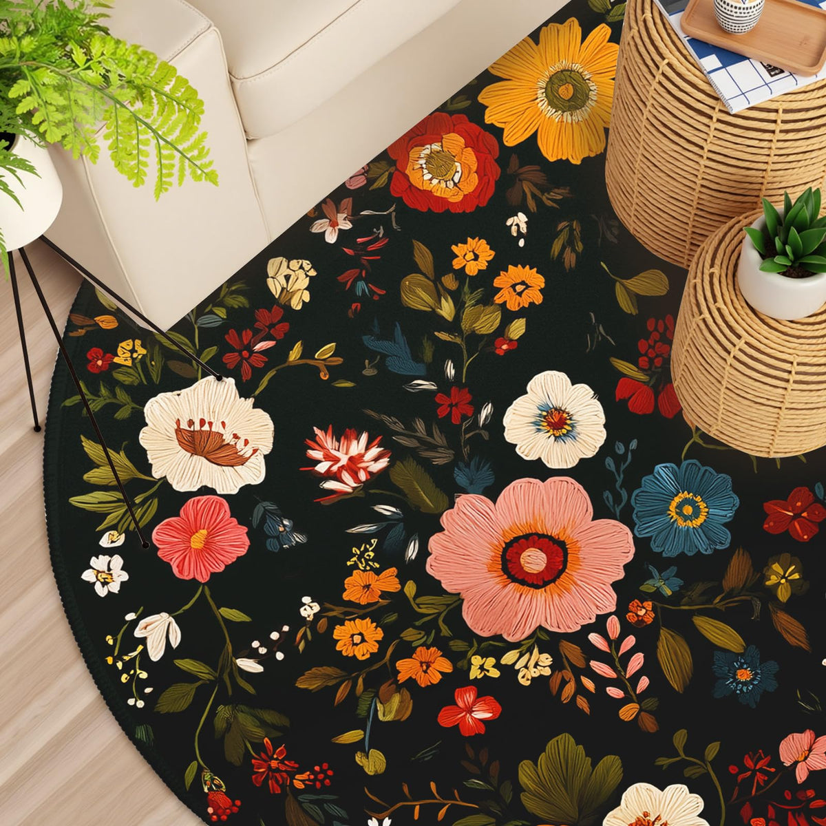 Floral Round Area Rug 4ft (Daily-floral Black / 4' (Round))