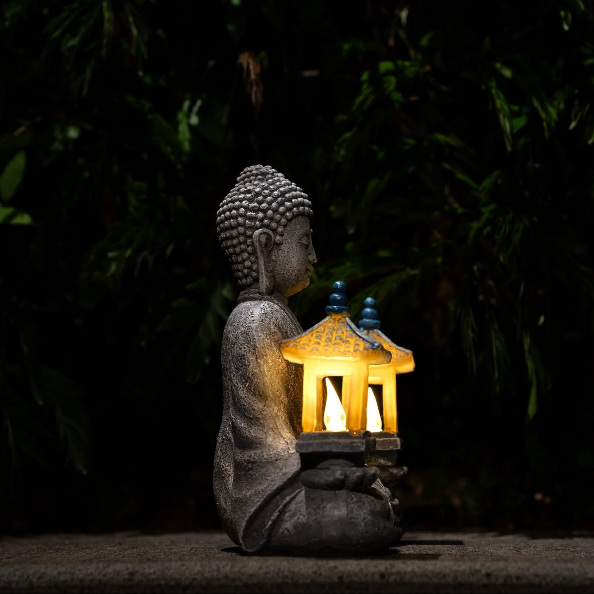 Meditating Buddha Statue with Solar Lights (Two Pavilions)