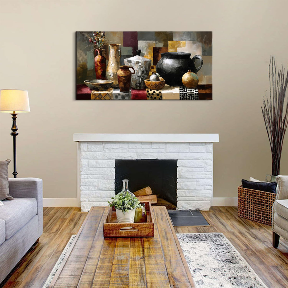 Farmhouse Geometric Wall Art Colorful Dining Room Wall Decor Retro Vase Fruit Canvas Prints for Kitchen Mid Century Modern Painting Vintage Neutral Poster Prints Framed Home Decorations 24x48” (48"L x 24"W / Jar)