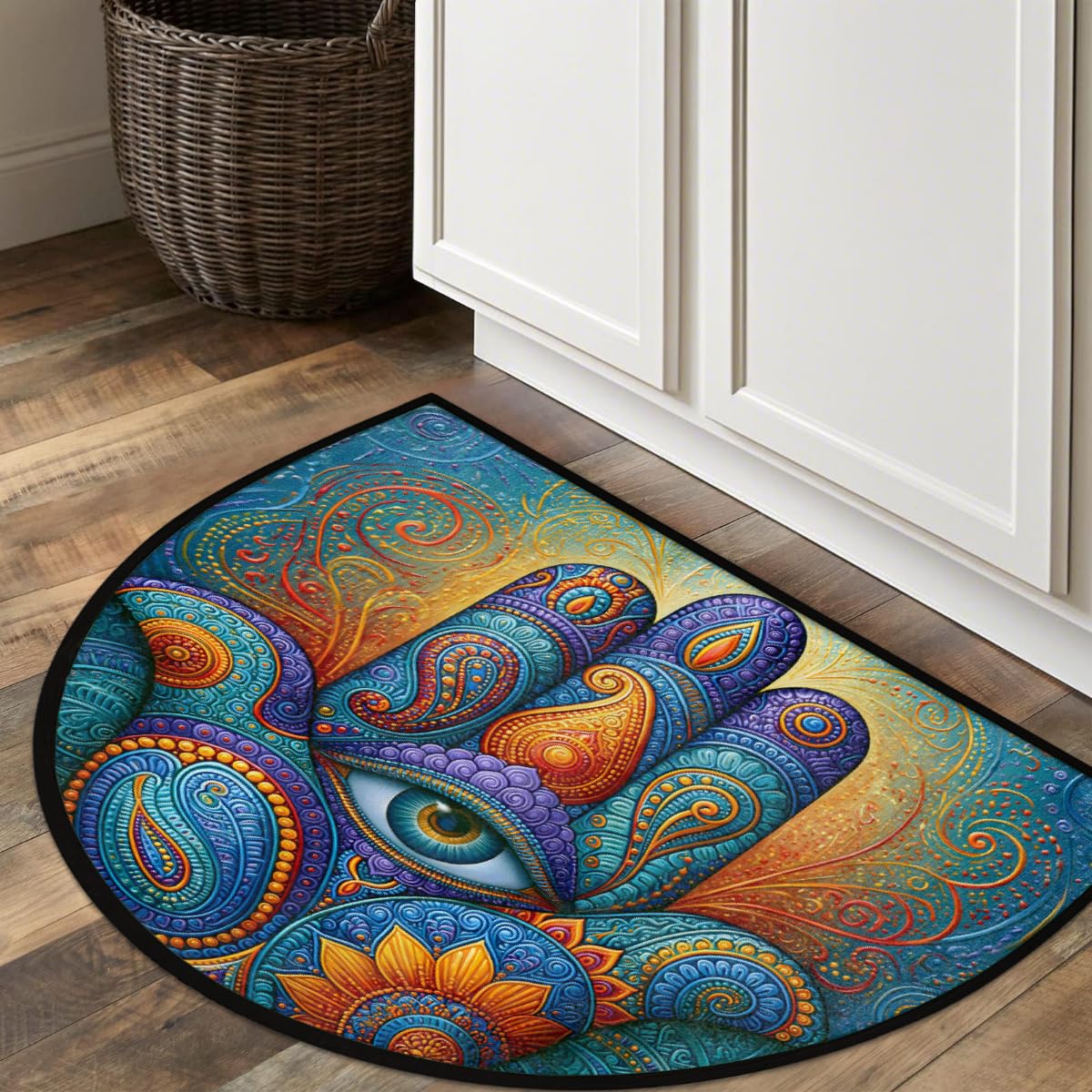 Hamsa Half Round Doormat Semi Circle Rug Non Slip Half Moon Rug (D01:boho 03)