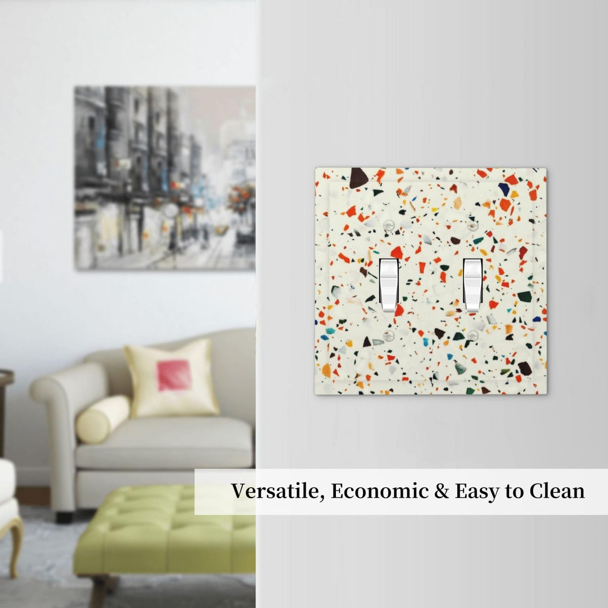 Beige.Cream Yellow Terrazzo Marble Decorative 2 Gang Double Toggle Outlet Light Switch Cover (Beige.Cream Yellow Terrazzo Marble / 2 Gang Toggle Mid)