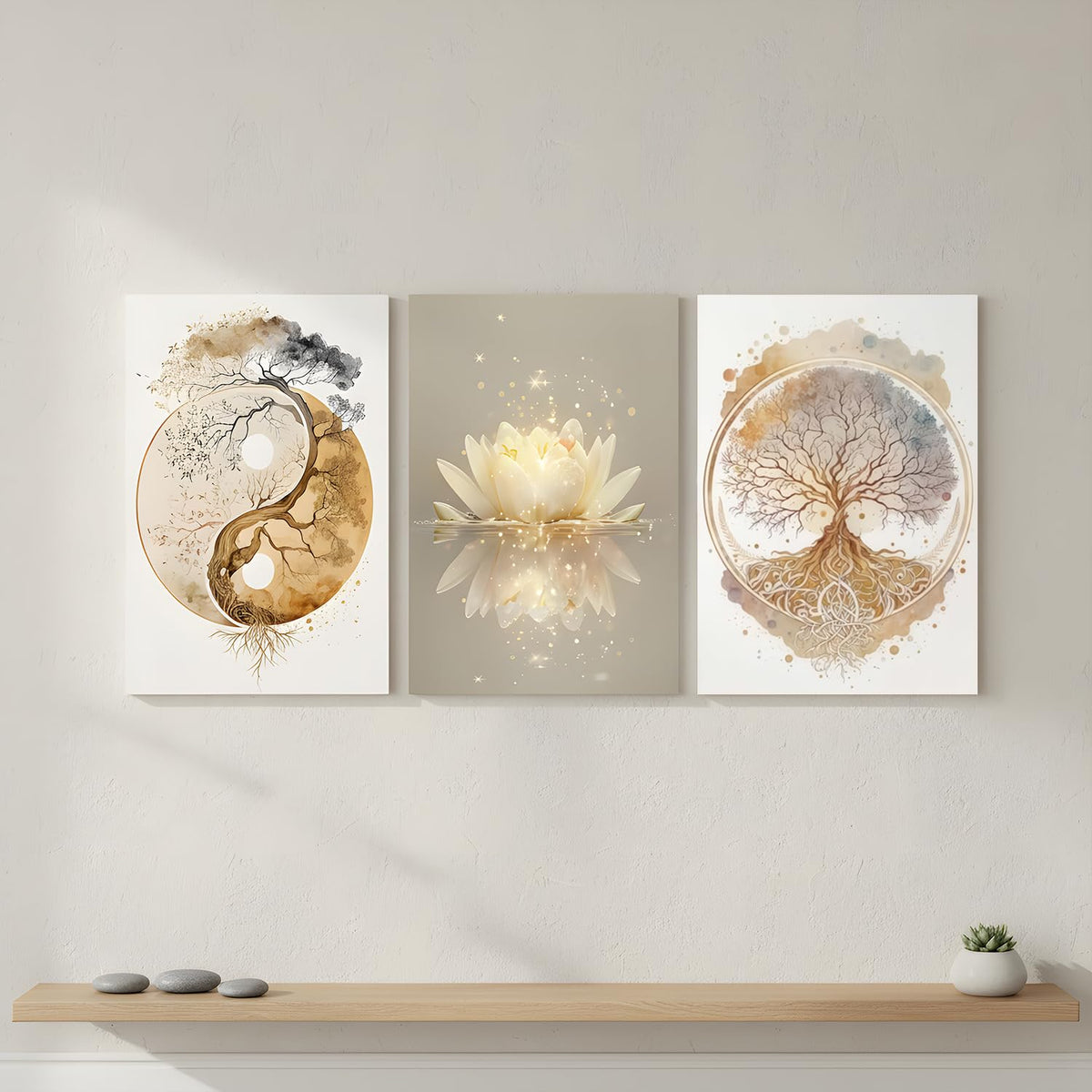 Tree of Life Wall Art Canvas Framed Set of 3 Lotus Zen Wall Decor Painting Poster Abstract YinYang Fall Art Picture Print Artwork for Living Room Yoga Room Bedroom Home Decoration 16x24 inch (Tree Canvas A / 24L"x16W")