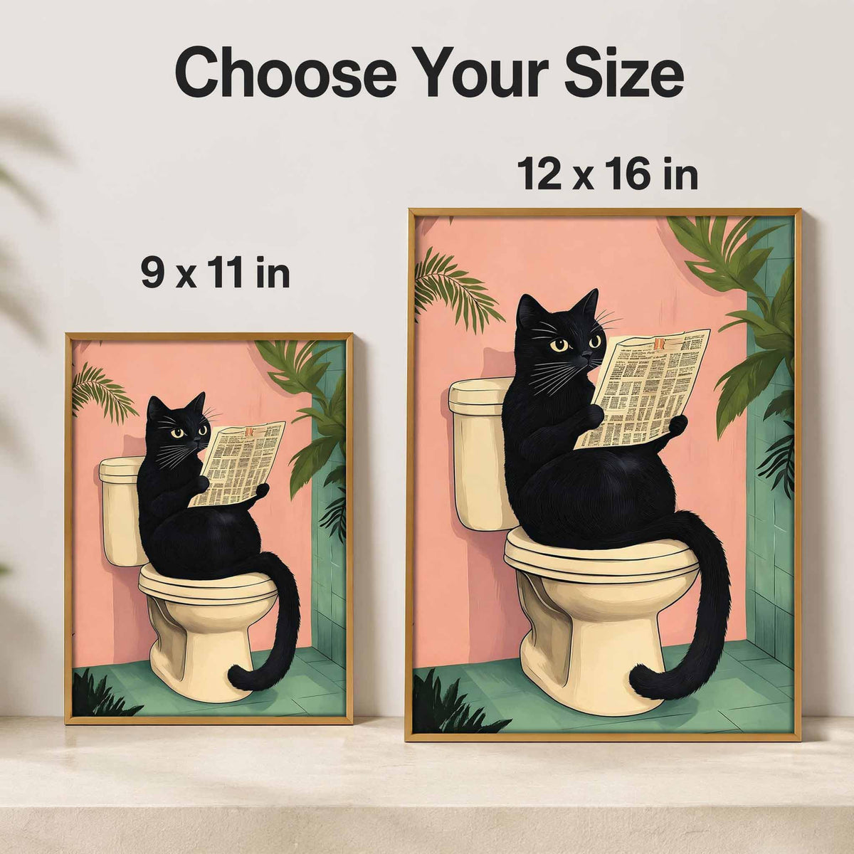 Framed Funny Cat Sitting on Toilet Reading Newspaper Canvas Wall Art 12x16 (black cat / 16"L x 12"W)