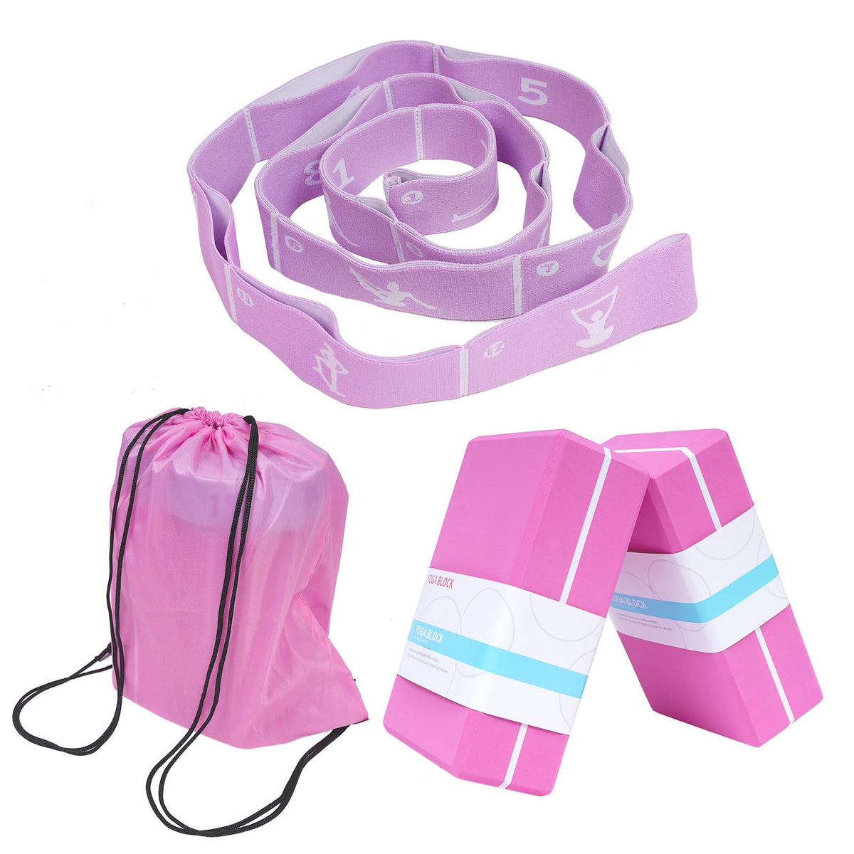 Yoga Blocks Set of 2 with 12 Loop Stretch Band and Carry Bag (Pink+Purple)
