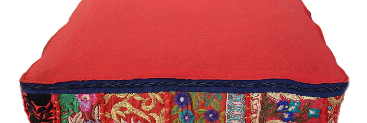 Indian Square Patchwork Traditional Pouf Cover Indian Living Room Poufs Decorative Embroidered Designer Ottoman Home Living Footstool Chair Cover Decor Pillow Cover 18x18x5 inches (18"D x 18"W x 5"H / Red)