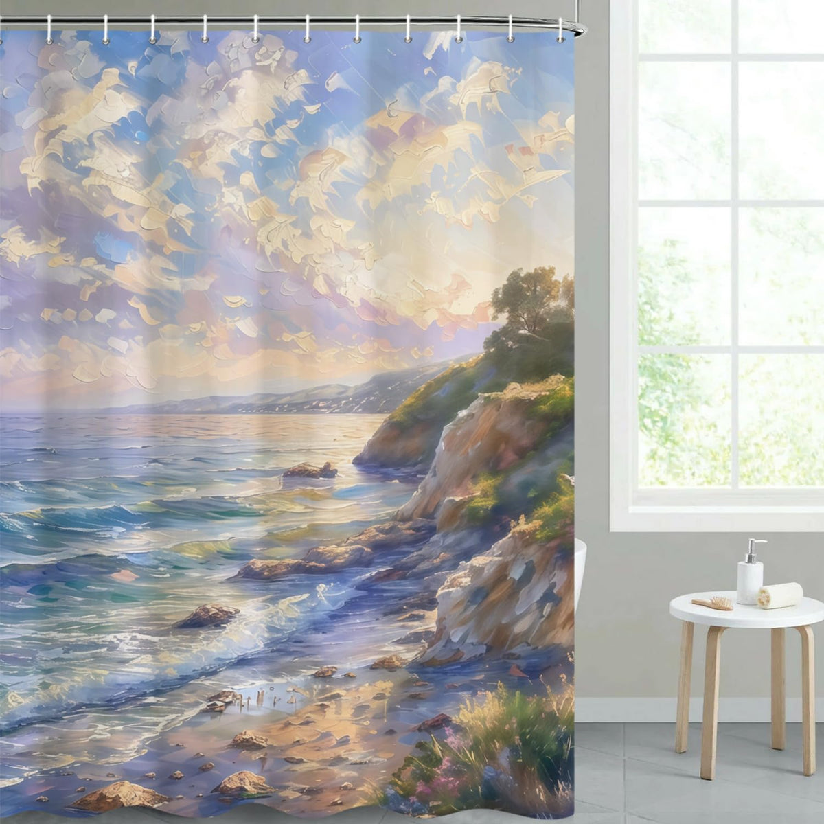 Coastal Beach Watercolor Shower Curtain with Hooks (Sea View)