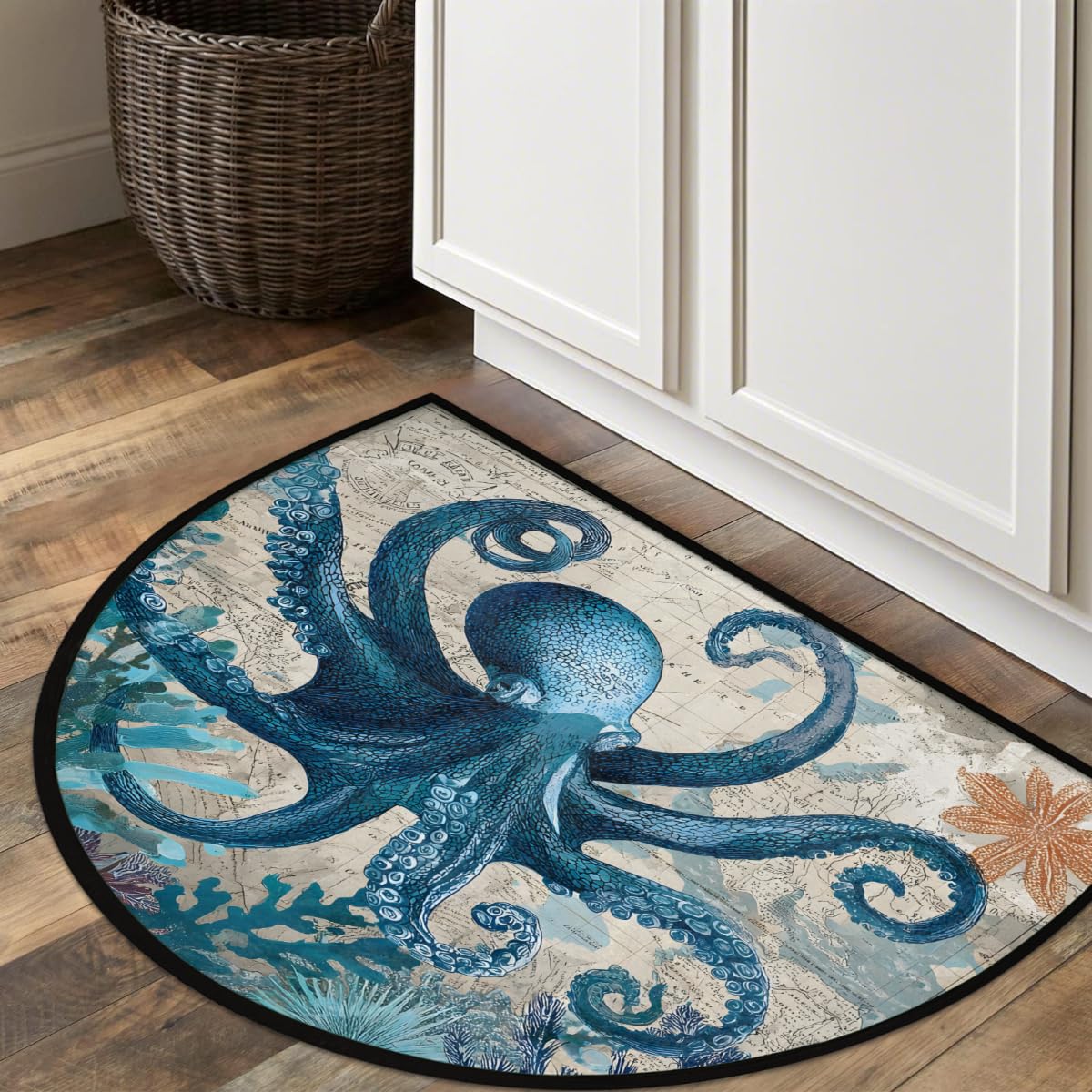 Half Round Doormat Octopus Sea Retro Washable Semi Circle Area Rug Non Slip Half Moon Rug Holiday Decor Mat for Indoor Outdoor Bathroom Kitchen Welcome Fireplace Hearth Floor Mat (D04:octopus)