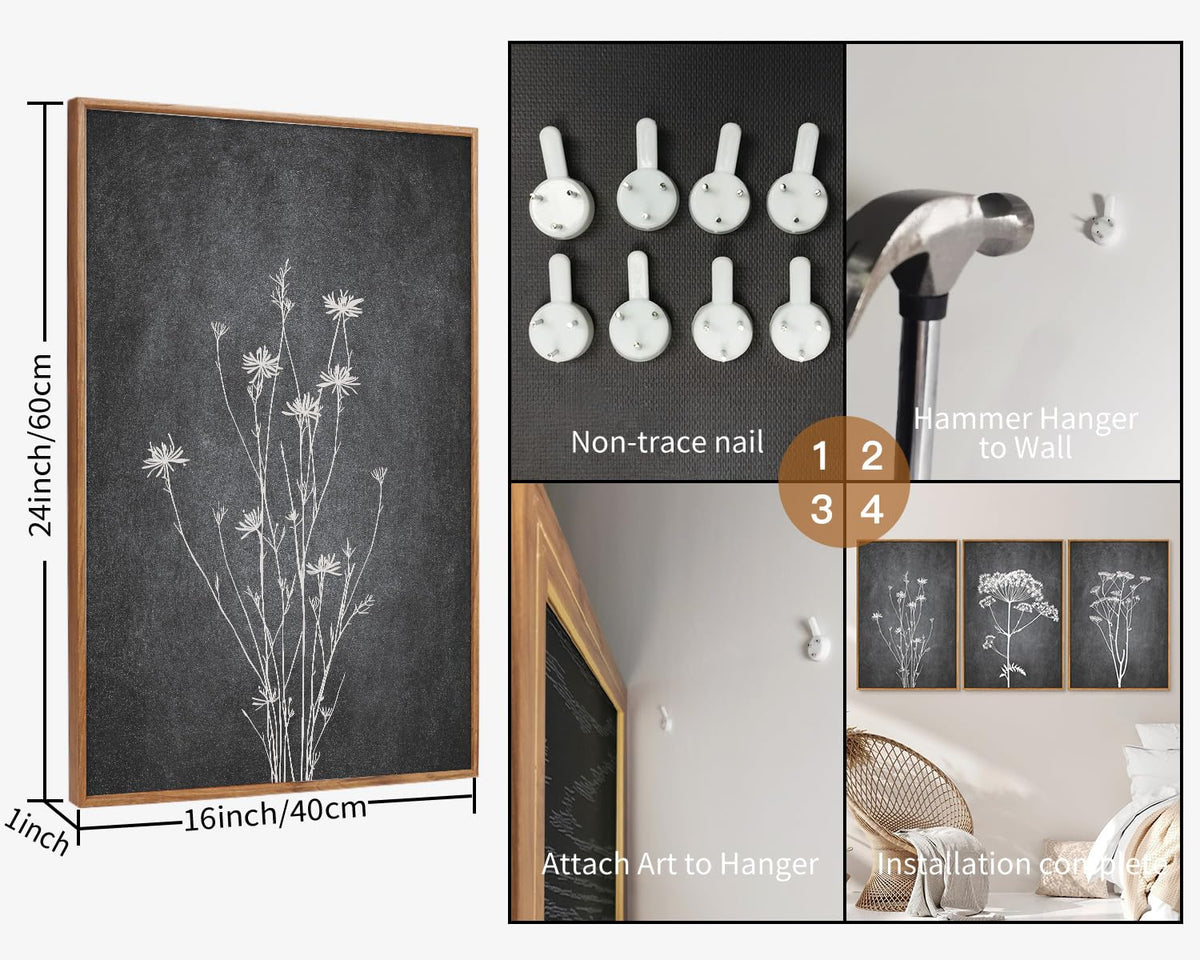Black and White Floral Framed Canvas Wall Art Set (Abstract Wildflower / 24"L x 16"W)
