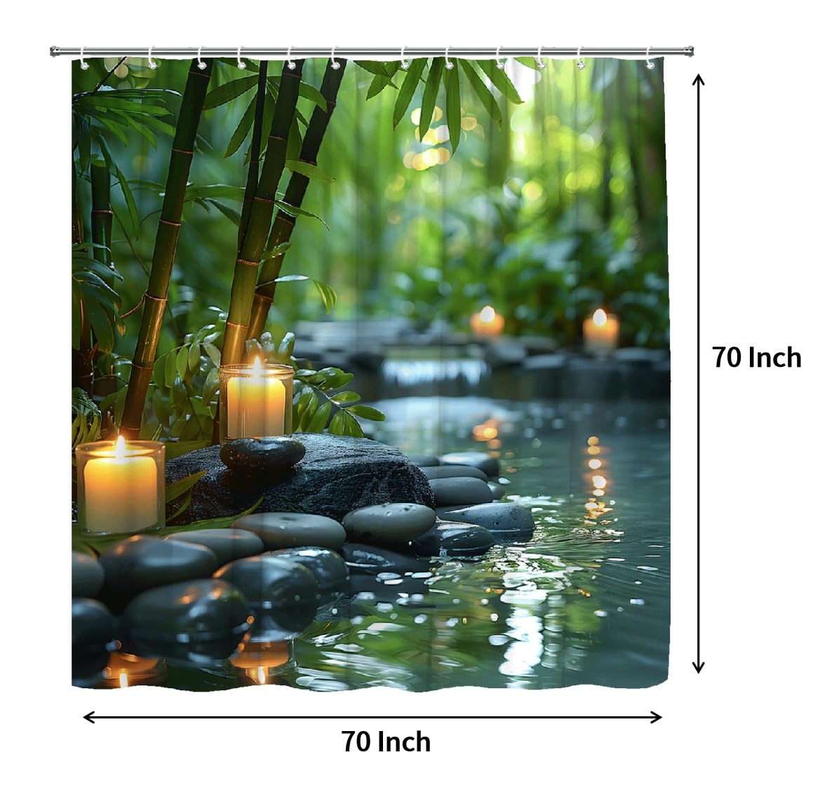 Zen Spa Shower Curtain Bamboo Stone Candle Nature Water Reflection Calming Meditation Fabric Bathroom Decor Set with Hooks (Green Black / 70"W x 70"L (Pack of 1))