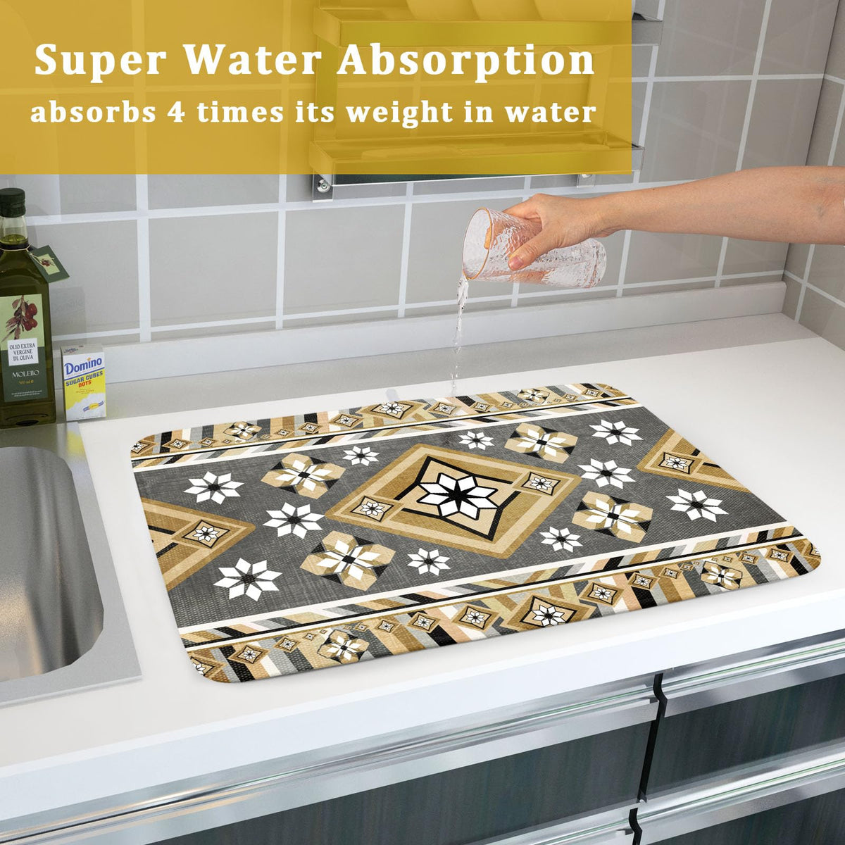 Boho Yellow Gray Aztec Dish Drying Mat for Kitchen Counter (Boho Aztec230807 / 18" x 24")