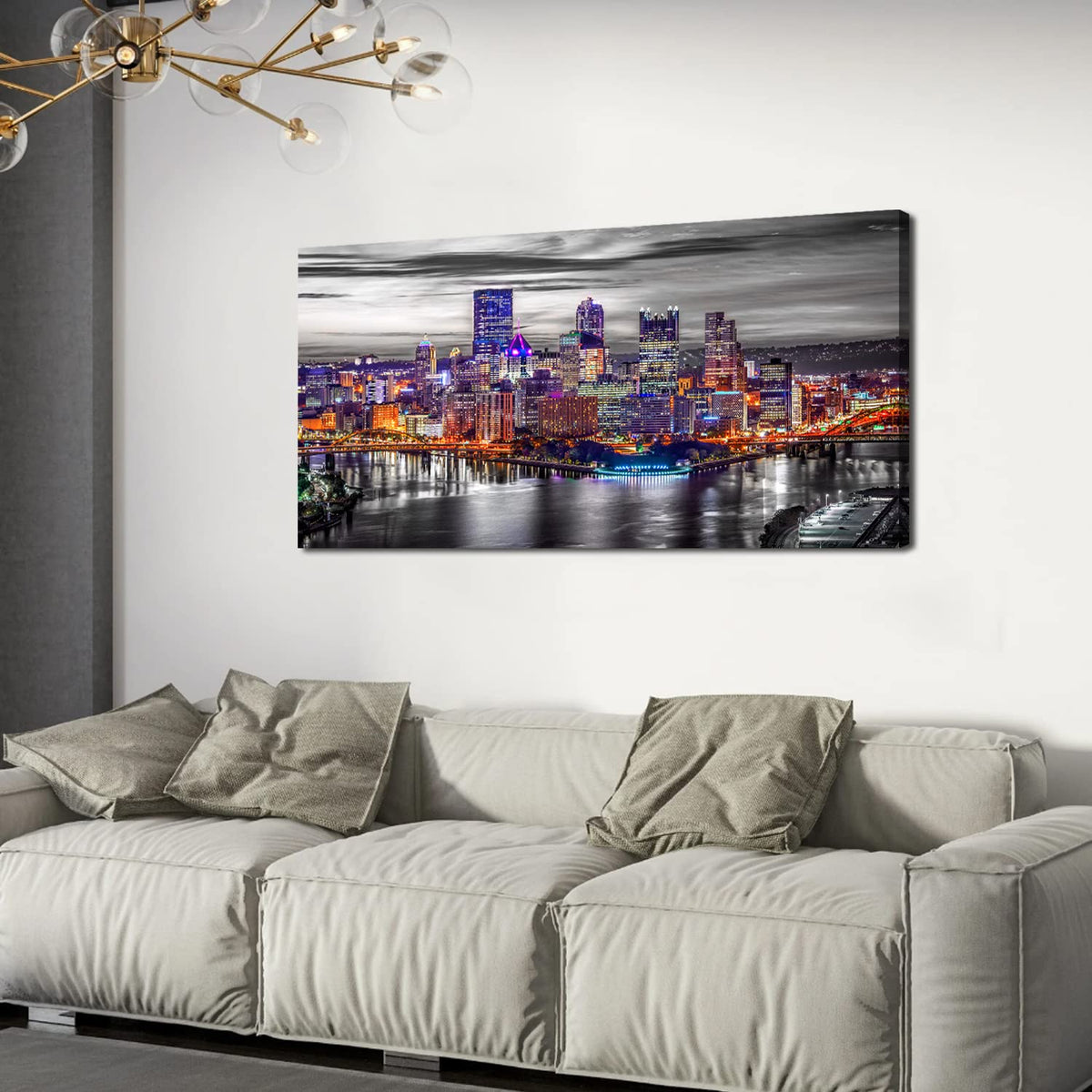 Large Pittsburgh Wall Art Black and White City Skyline Wall Decor for Living Room Office Decor Pennsylvania Night Cityscape Canvas Prints Modern Skyscraper Panoramic for Bedroom Home Decoration 24x48" (48"L x 24"W / Pittsburgh)