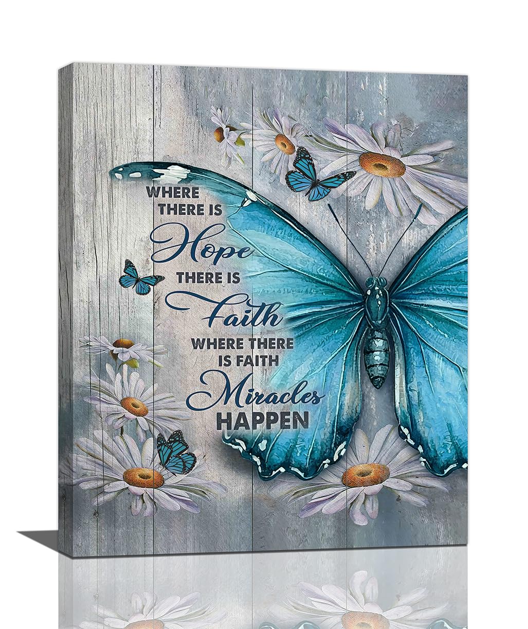 Farmhouse Butterfly Daisy Canvas Wall Art Rustic Teal Butterfly Pictures Wall Decor Inspirational Hope Faith Quotes Prints Painting Framed Artwork for Bathroom Bedroom Living Room Office 16"x20" (20"L x 16"W / Daisy Butterfly)