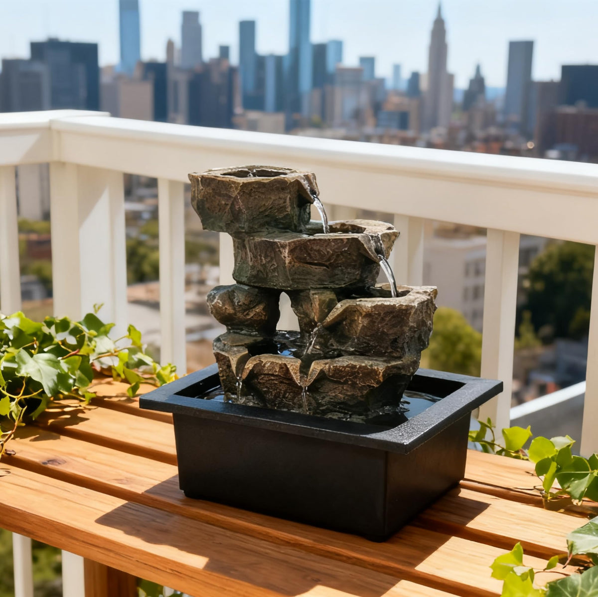 Indoor Tabletop Rock Waterfall Fountain with Warm Light & Stacked Stone for Home Office Desk Decor (Style 6)