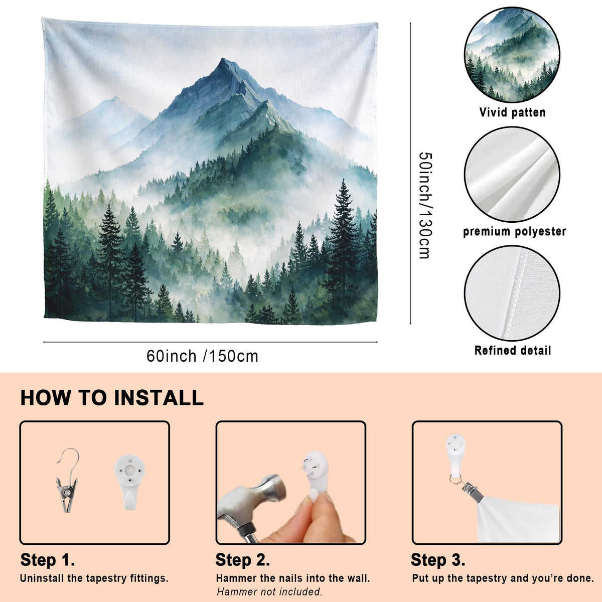 Serene Watercolor Mountain Tapestry 60x50 Inch (Teal)
