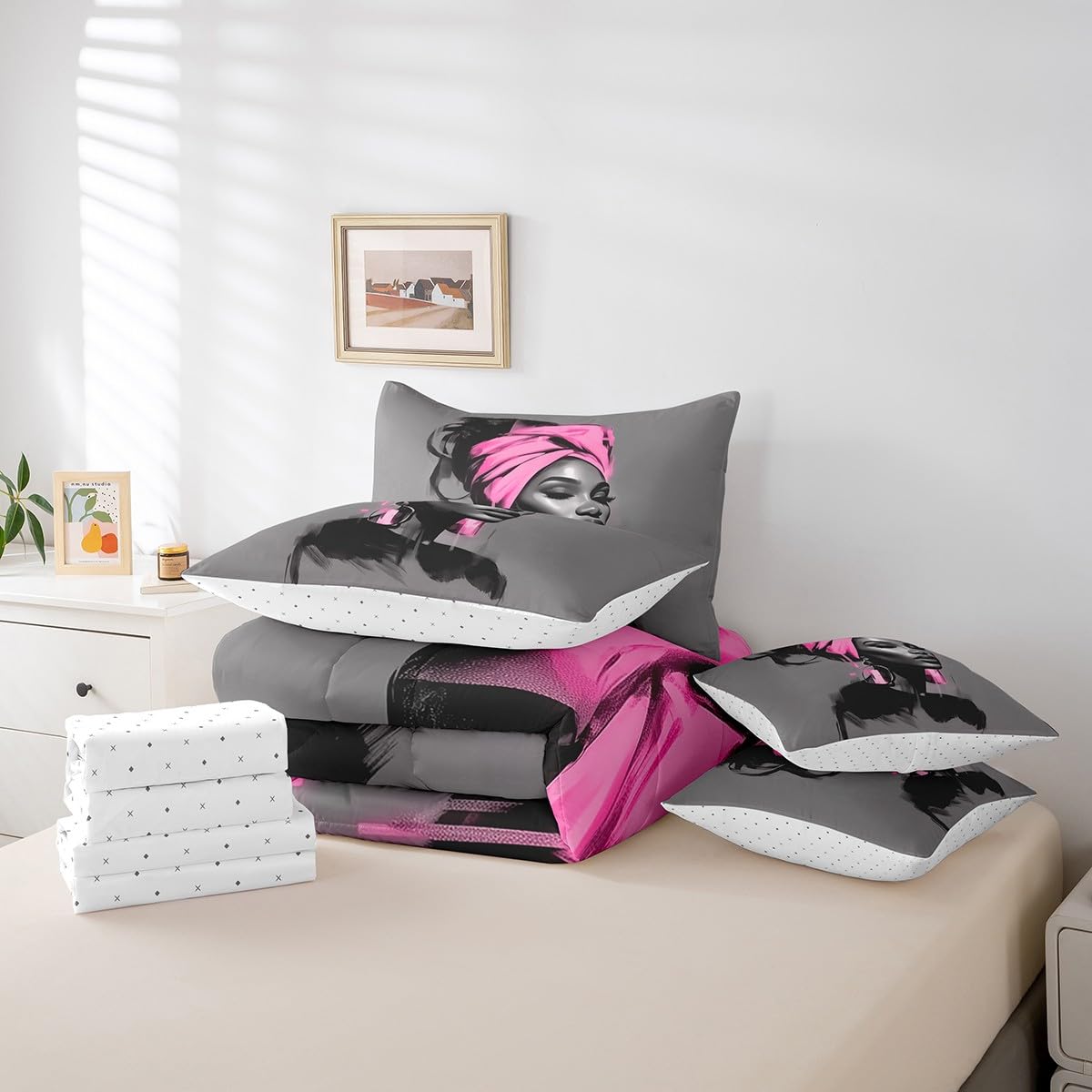 Black Women Comforter Set with Sheets Twin Size African American Woman 7 Piece Bedding Set All Season Teens Pink Abstract Bed in A Bag Breathable Soft Lightweight Modern Room Decor (Light Gray Pink / Twin)