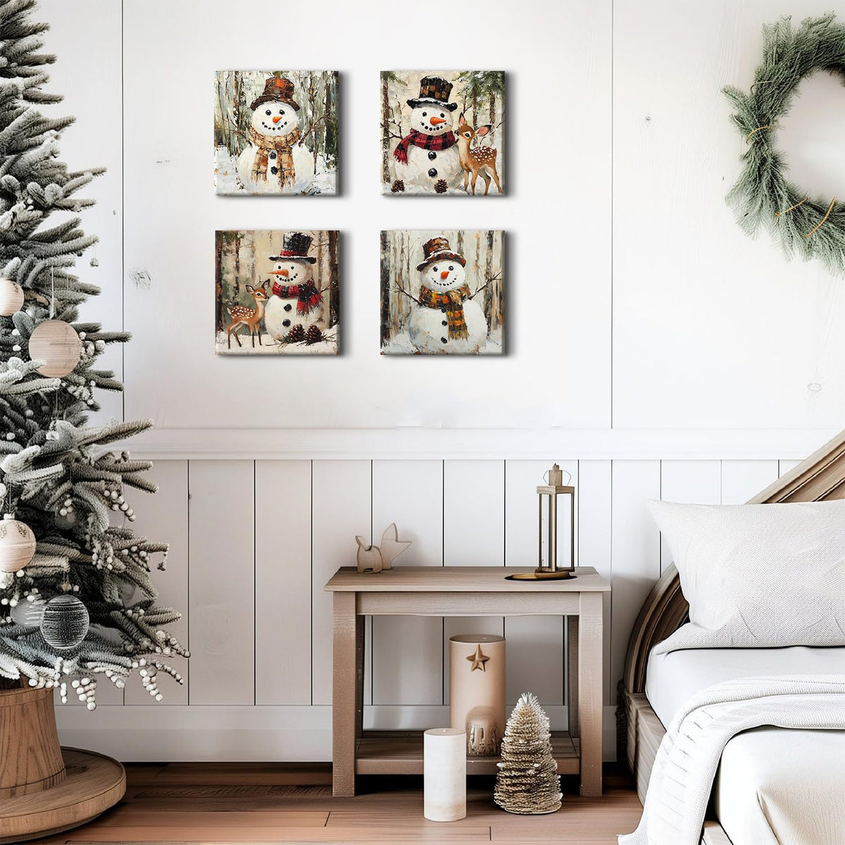 Christmas Snowman Canvas Wall Art Winter Holiday Home Decor Abstract Watercolor Snow Forest Pictures for Bathroom Vintage Snowman Deer Painting Prints Posters Decorations Artwork Framed 12x12" 4Pcs (12"L x 12"W / Snowman)
