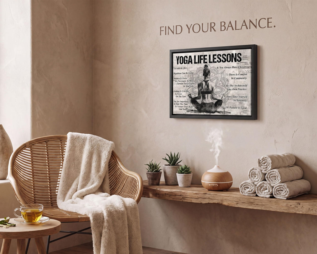 Black Framed Zen Yoga Life Lessons Canvas Wall Art 12x16in (Yoga / 16"L x 12"W)