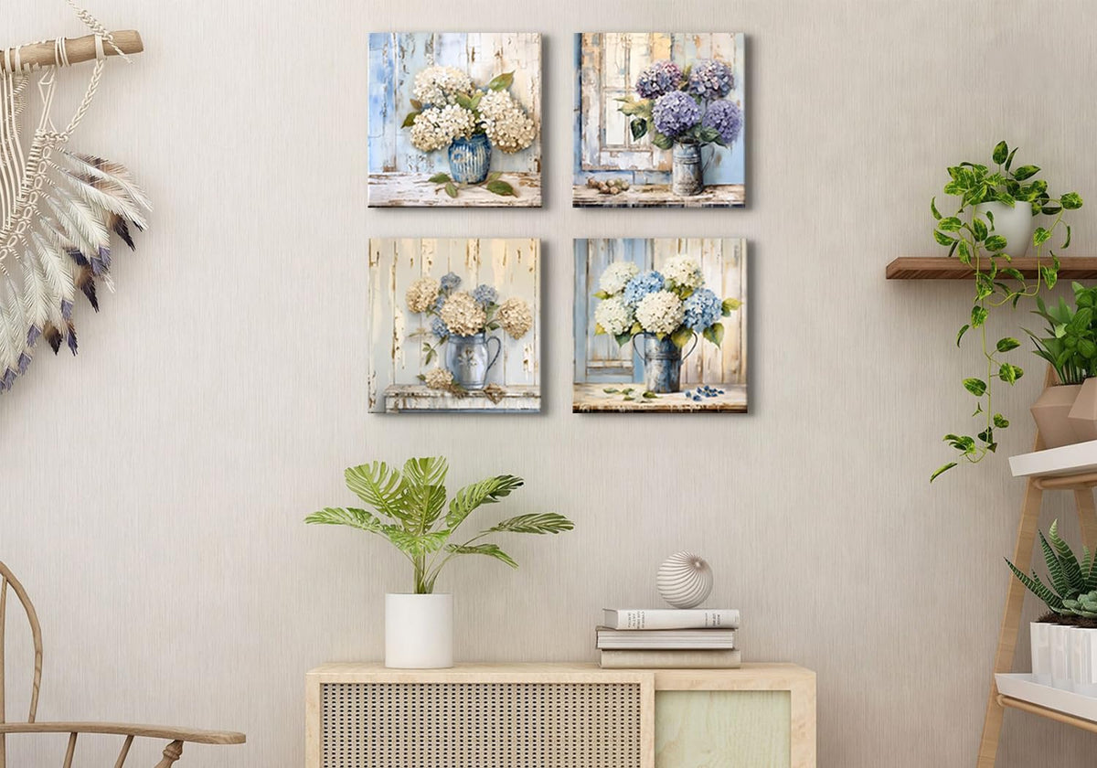Blue Hydrangea Wall Art Vintage Farmhouse Flowers Pictures Bathroom Wall Decor Blossom Floral Painting Abstract Nature Botanical Posters Artwork for Living Room Kitchen Home Decoration 12x12” 4Pcs (12"L x 12"W / Vintage Flowers)