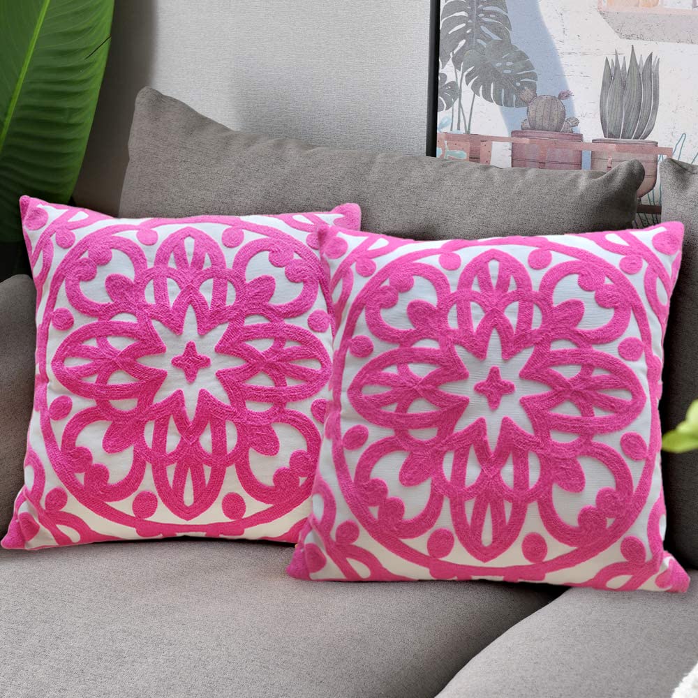 Boho Embroidered Throw Pillow Cover 18"x18" Set of 2 (Vivid Hot Pink / 18" x 18" (Pack of 2))