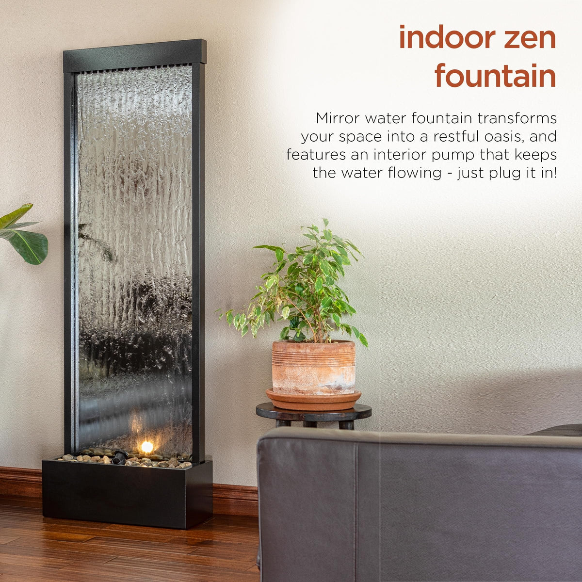 Mirror Waterfall Fountain with Stones and Lights (72 Inches - Silver)