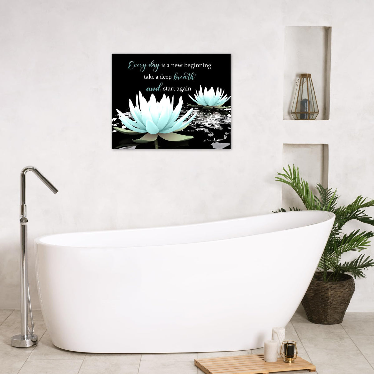 Teal Floral Wall Art Inspirational Quotes with Water Lily Canvas Wall Art for Living Room Zen Yoga Spa Black Wall Decor for Bedroom Bathroom Home Office Ready to Hang 8L x 10W Inch (Teal / 8"L x 10"W)