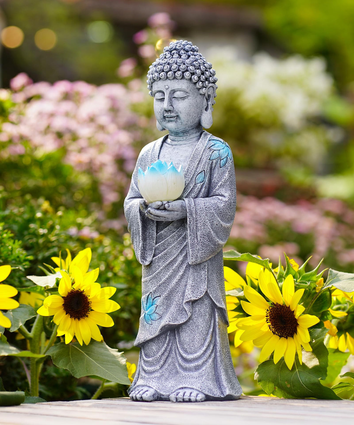 Solar Buddha Garden Statue Decor (37cm Grey)