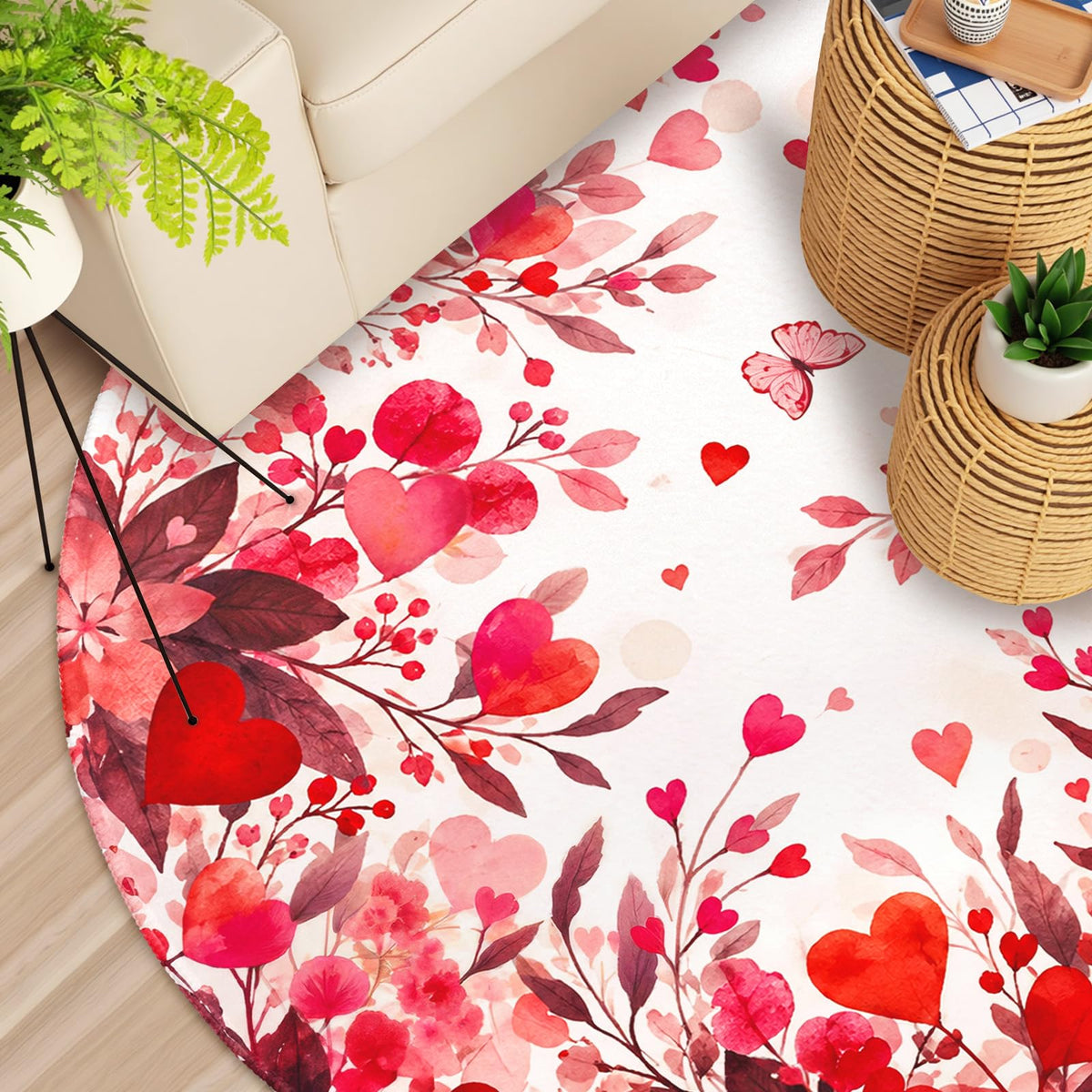 Valentines Day Round Area Rug 5ft Machine Washable Non (Love-floral Leaf / 5' (Round))