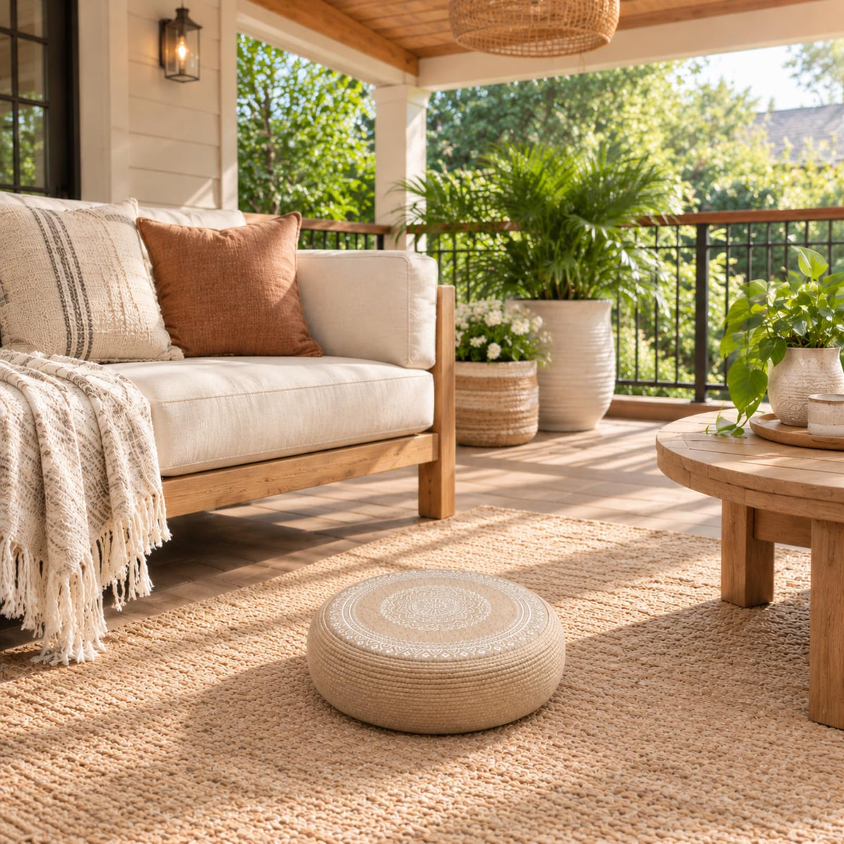 Handwoven Jute Pouf Ottoman (Yellow Brown White / 19.7"D x 19.7"W x 7.9"H)