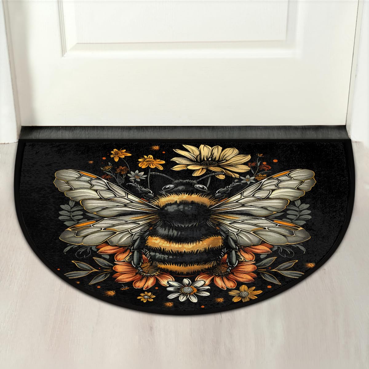 Half Round Doormat Bee Flower Black Washable Semi Circle Mat Non Slip Absorbent Half Moon Rugs for Indoor Outdoor Entrance Kitchen Bathroom Bedroom Patio Fireplace Floor Carpet Decor (B06:black Bee)