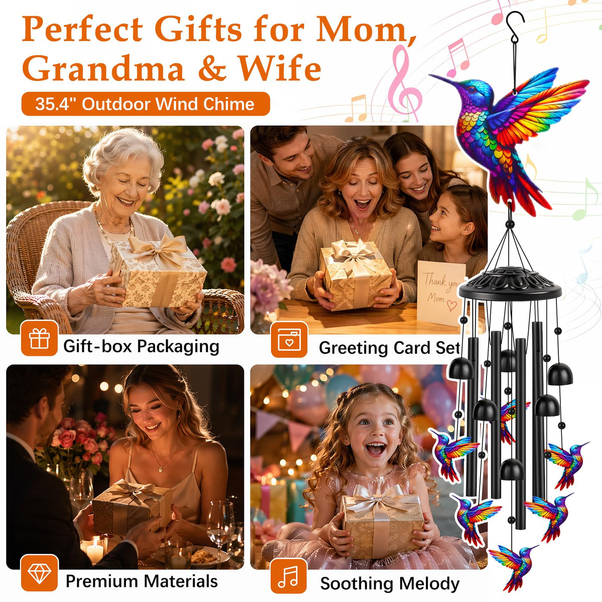 Aluminum Hummingbird Wind Chimes for Outside (Colorful)