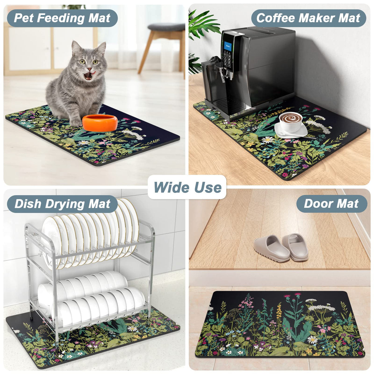 Coffee Mat 12" x 19" Cute Flower Theme Coffee Bar Mats for Espresso Machine Station Accessories and Organizer (Midnight Flower / 12" x 19")