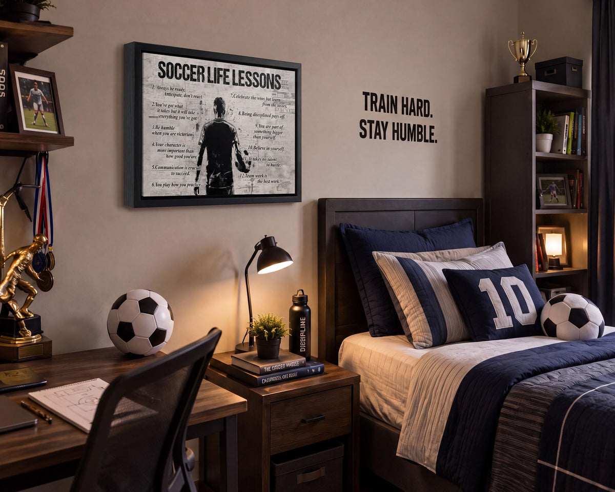 Black Framed manSoccer Life Lessons Canvas Wall Art 16x24in (Soccer / 24"L x 16"W)