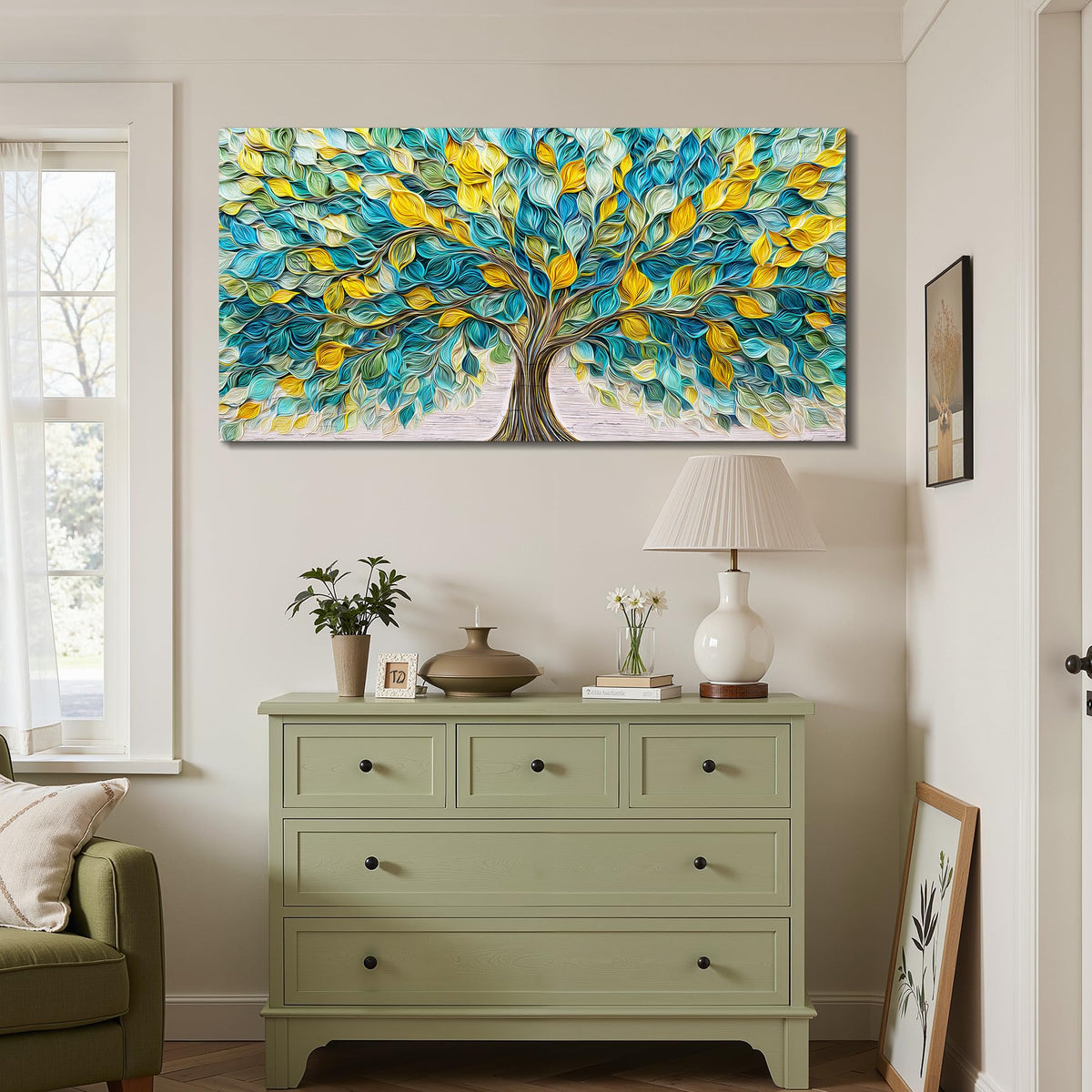 Tree of Life Extra Large Wall Art Abstract Nature Decor Gold Teal (Peacock Tree / 57"L x 29"W)