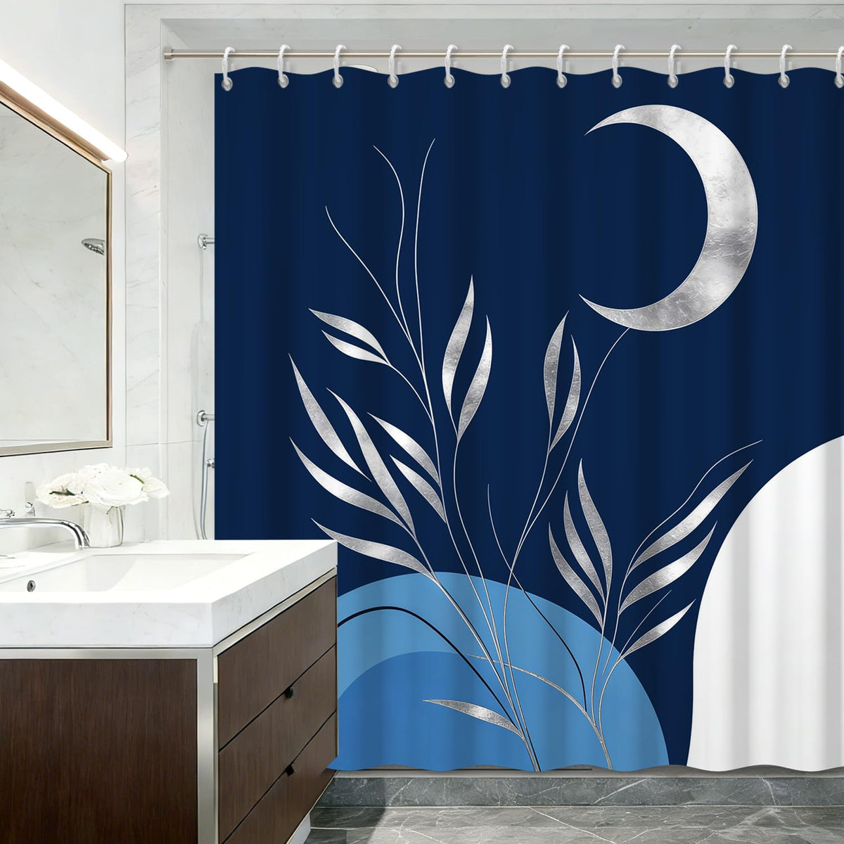 71″ x 74″ Modern Abstract Shower Curtain with Hooks (Boho Moon)