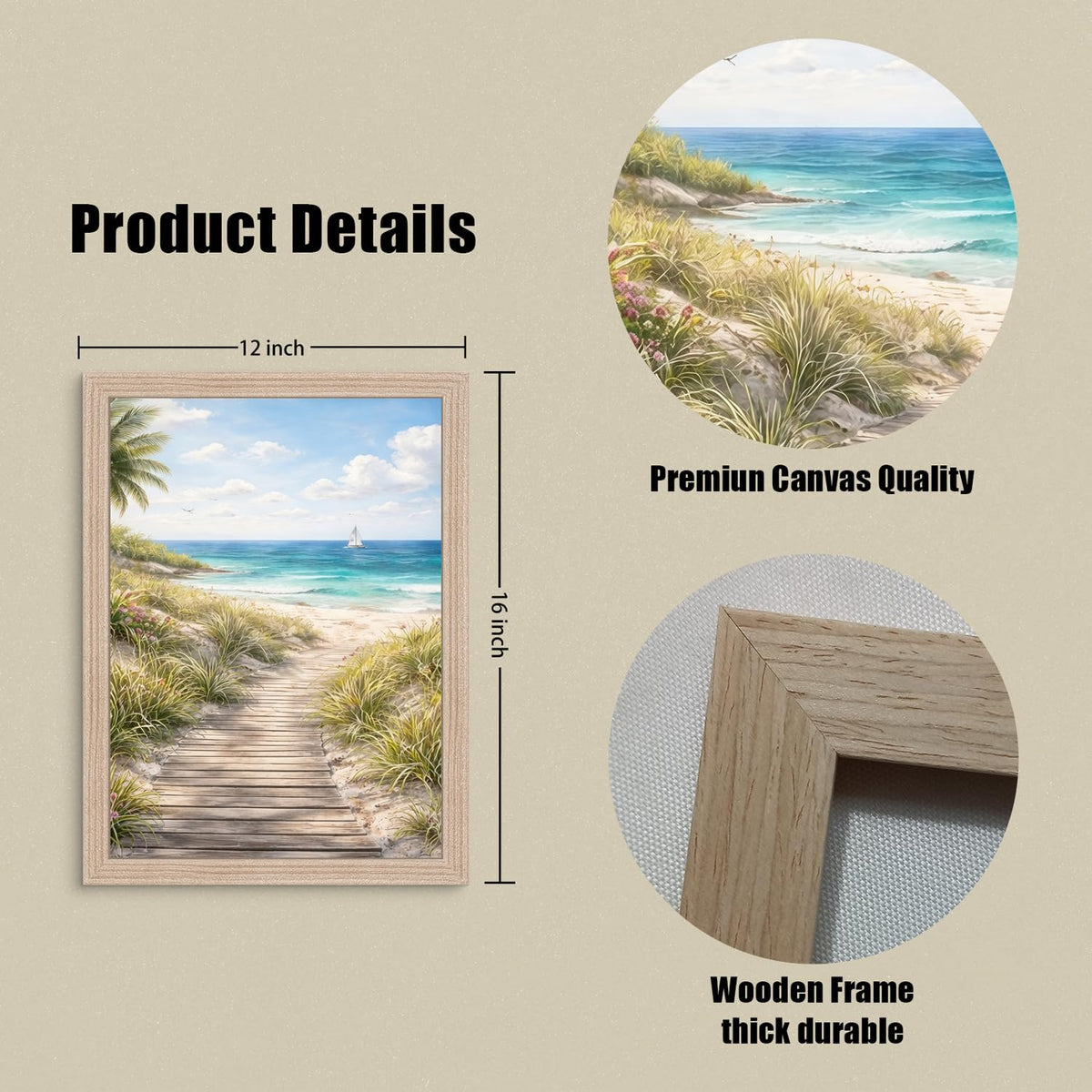 3Pcs Framed Beach Themed Art Canvas Painting Coastal Poster Ocean Image Tropical Palm Tree Print Seaside Gallery Wall Decoration Living Room Bedroom Bathroom 12x16 Inches Ready To Hang (Beach Scenery - 1 / 12x16in)